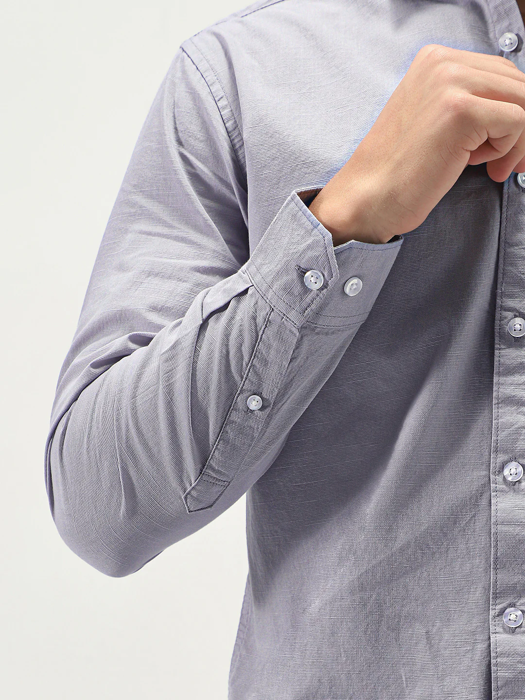 Men's Lavender Cotton Full Sleeve Regular Fit Casual Solid Slub Shirt with Spread Collar - Image 6