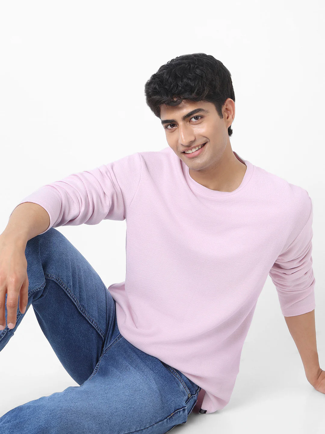 Men's Lavender Textured Round Neck Oversized Full Sleeve Cotton T-Shirt - Image 2
