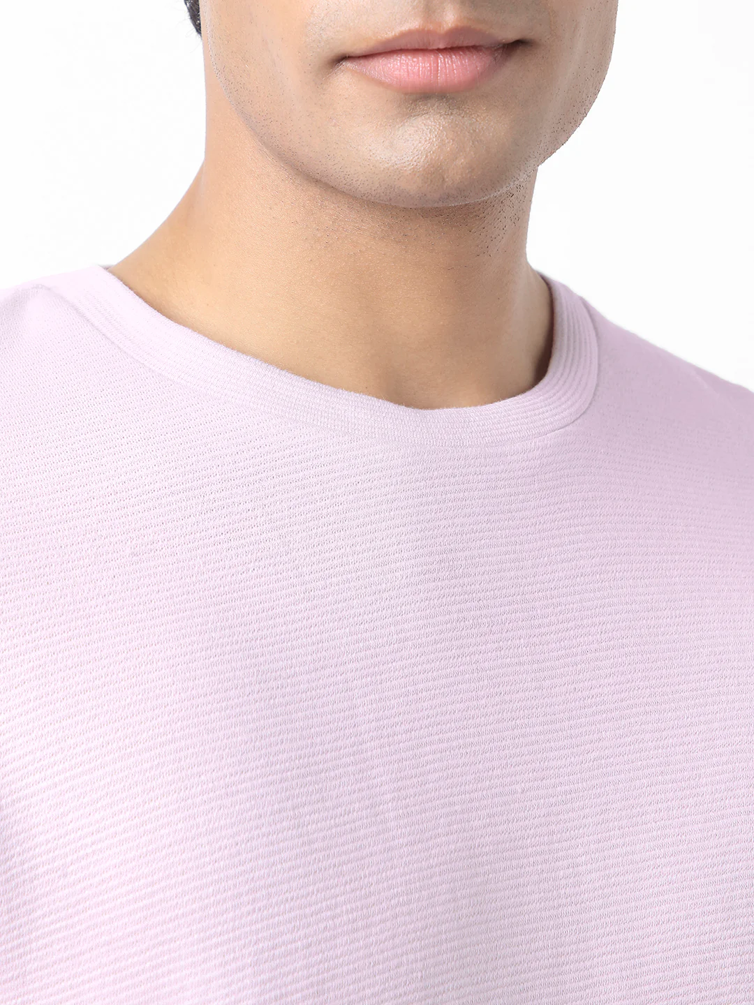 Men's Lavender Textured Round Neck Oversized Full Sleeve Cotton T-Shirt - Image 3