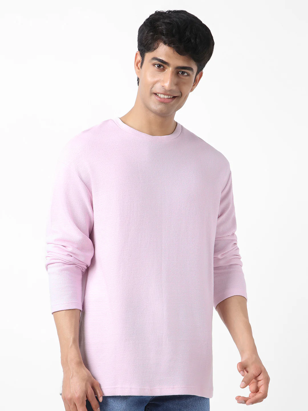 Men's Lavender Textured Round Neck Oversized Full Sleeve Cotton T-Shirt - Image 4
