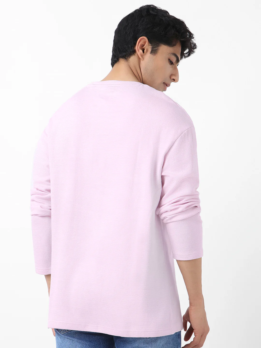 Men's Lavender Textured Round Neck Oversized Full Sleeve Cotton T-Shirt - Image 5