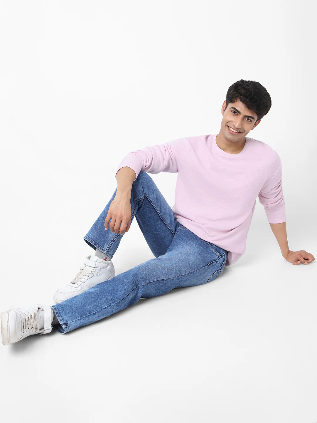Men's Lavender Textured Round Neck Oversized Full Sleeve Cotton T-Shirt - Image 6