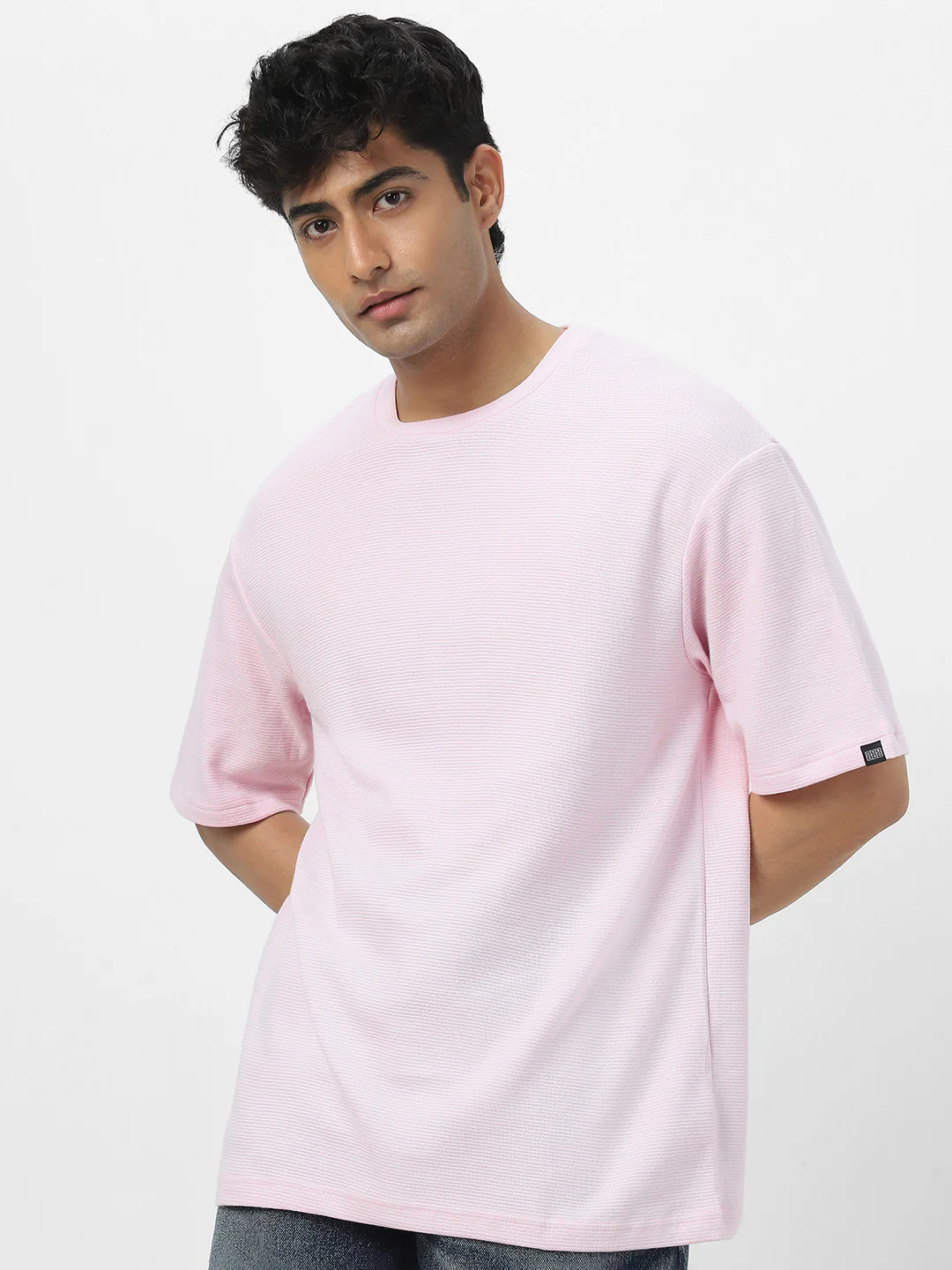 Men's Lavender Textured Round Neck Oversized Half Sleeve Cotton T-Shirt - Image 4
