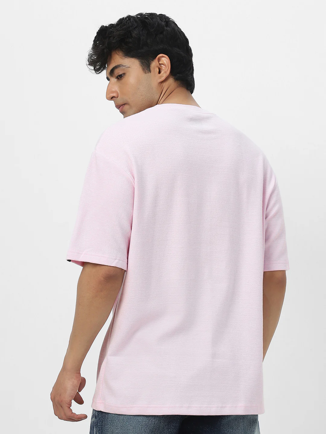 Men's Lavender Textured Round Neck Oversized Half Sleeve Cotton T-Shirt - Image 5
