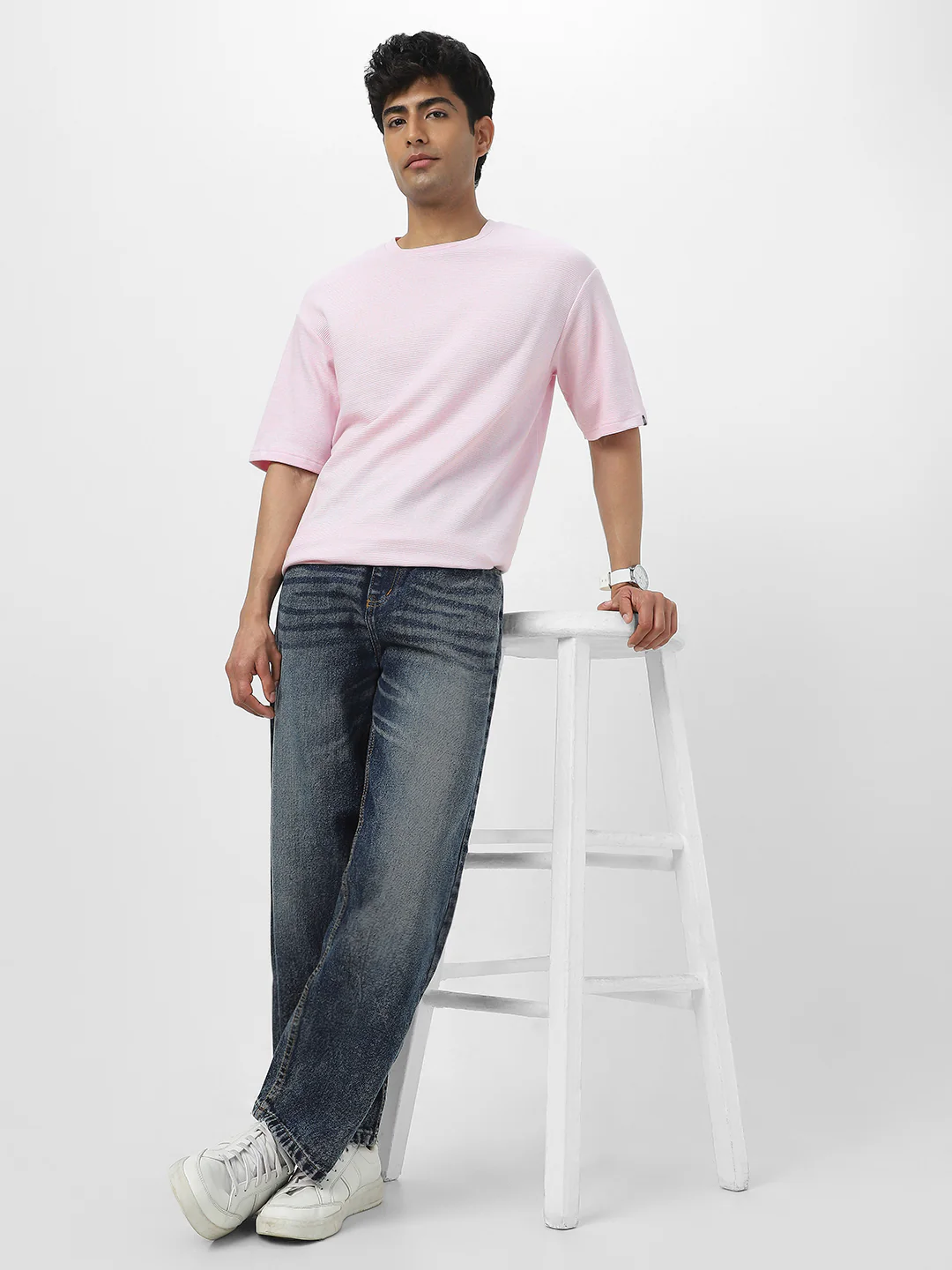 Men's Lavender Textured Round Neck Oversized Half Sleeve Cotton T-Shirt - Image 6