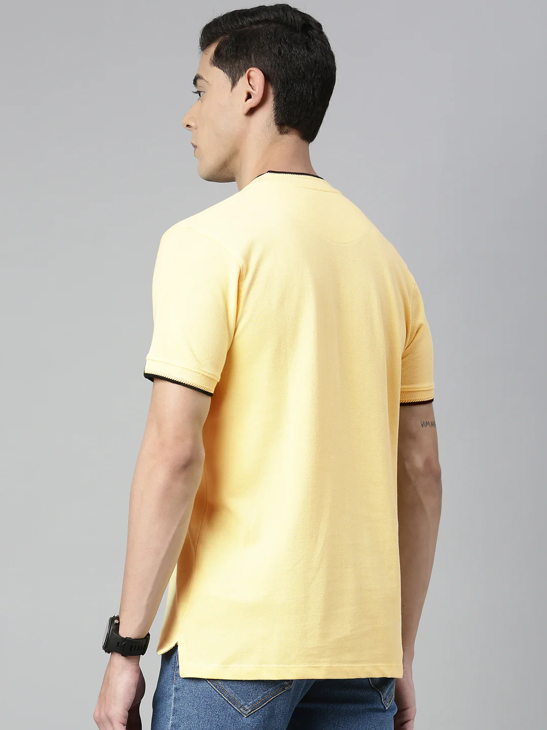 Men's Lemon Yellow Solid Mandarin Collar Slim Fit Cotton Polo T-Shirt - Image 2
