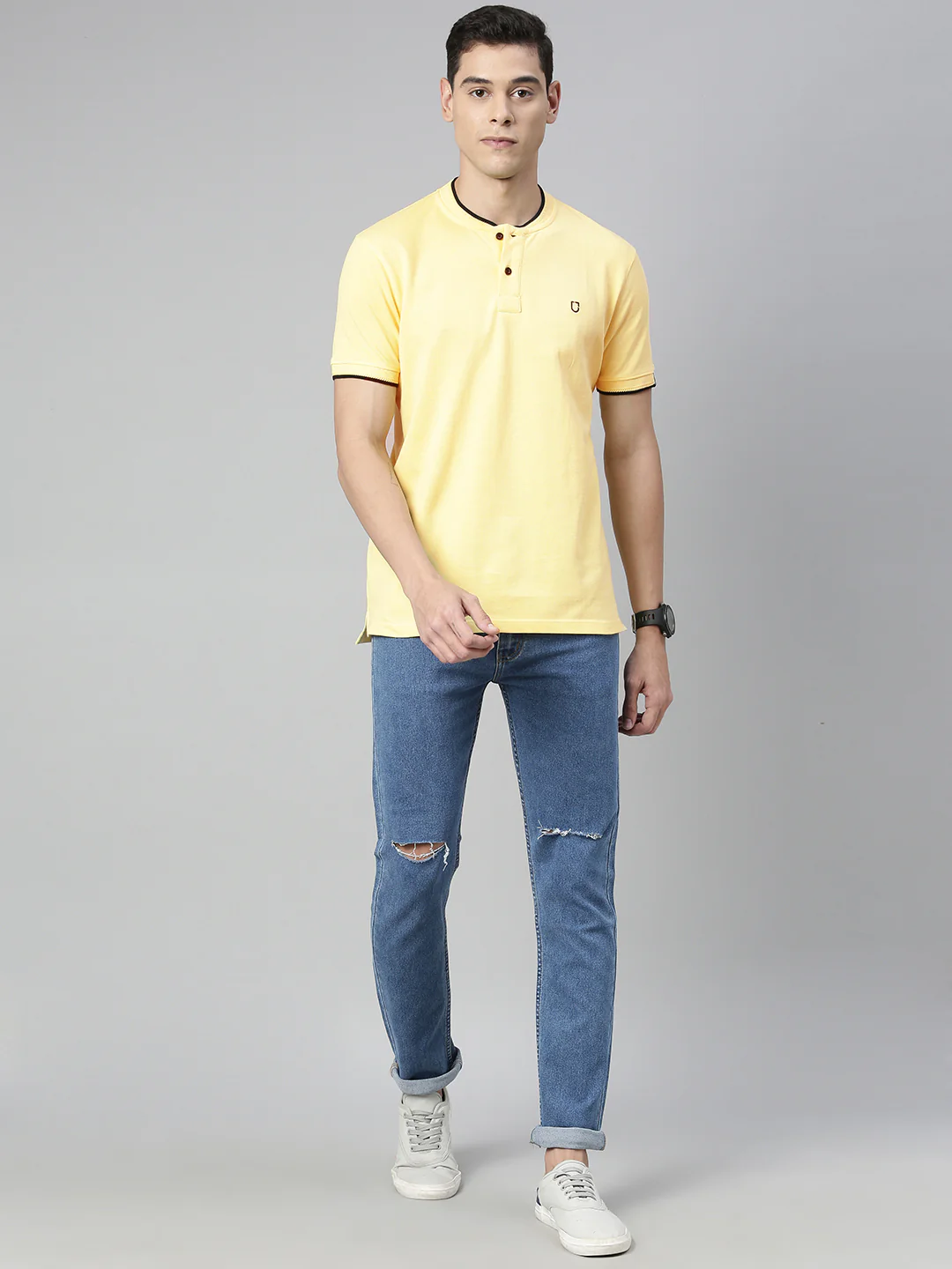 Men's Lemon Yellow Solid Mandarin Collar Slim Fit Cotton Polo T-Shirt - Image 3
