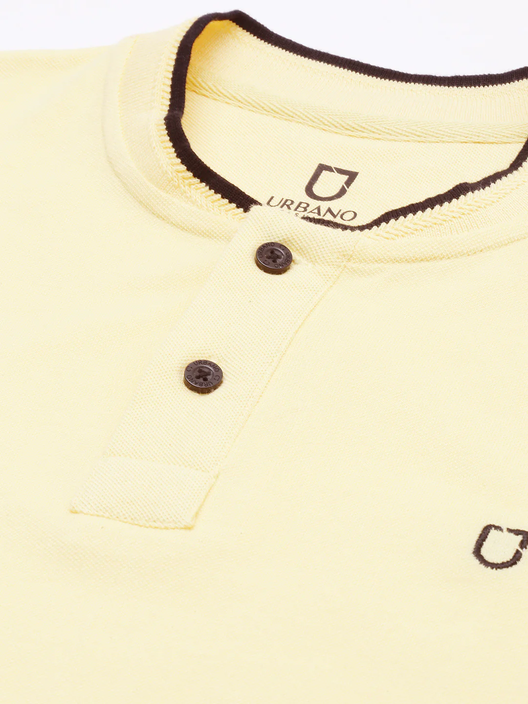 Men's Lemon Yellow Solid Mandarin Collar Slim Fit Cotton Polo T-Shirt - Image 4