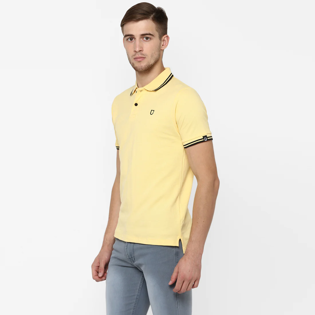 Men's Lemon Yellow Solid Slim Fit Half Sleeve Cotton Polo T-Shirt - Image 2