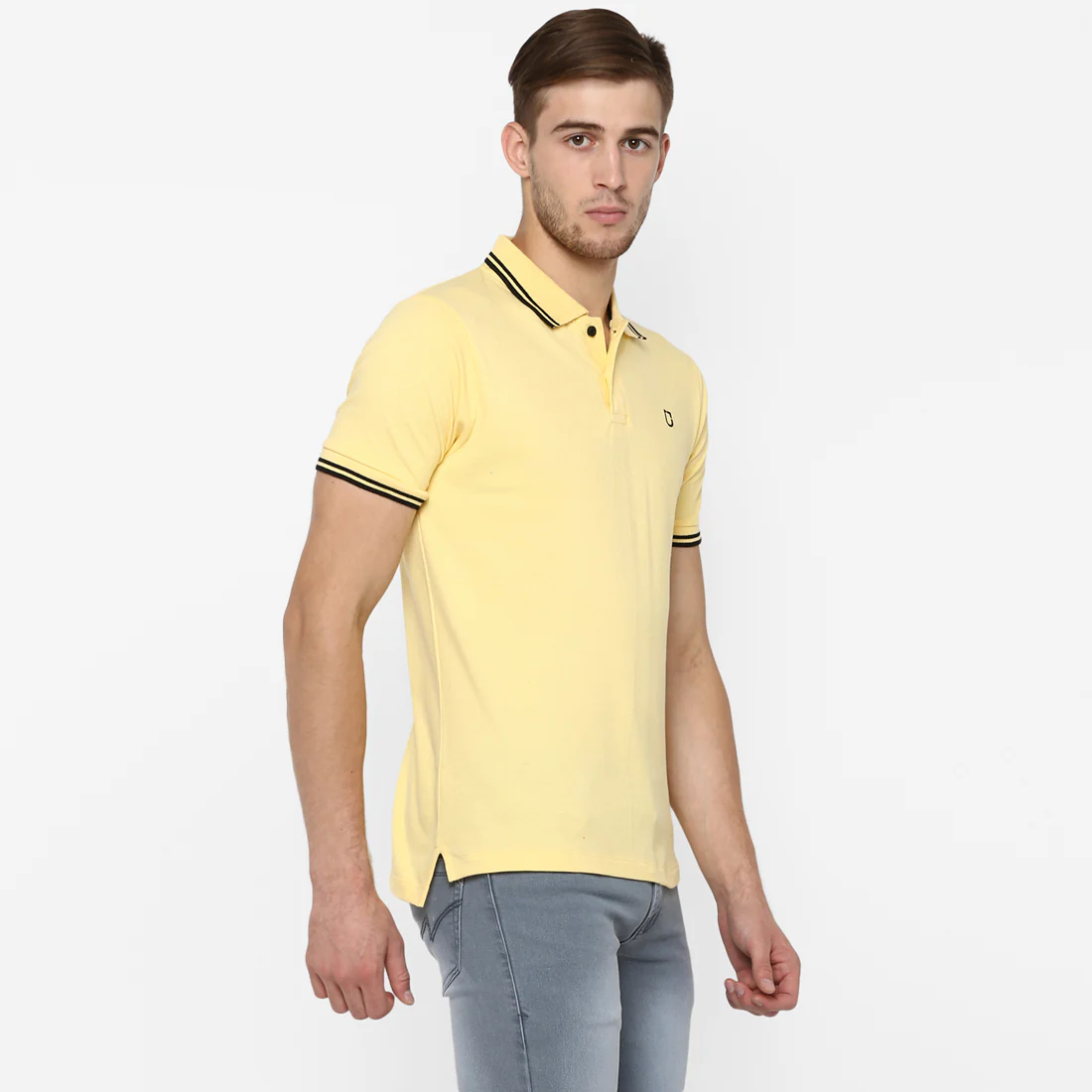 Men's Lemon Yellow Solid Slim Fit Half Sleeve Cotton Polo T-Shirt - Image 3
