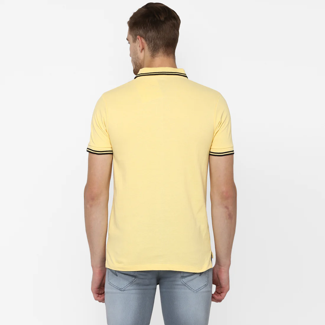 Men's Lemon Yellow Solid Slim Fit Half Sleeve Cotton Polo T-Shirt - Image 4