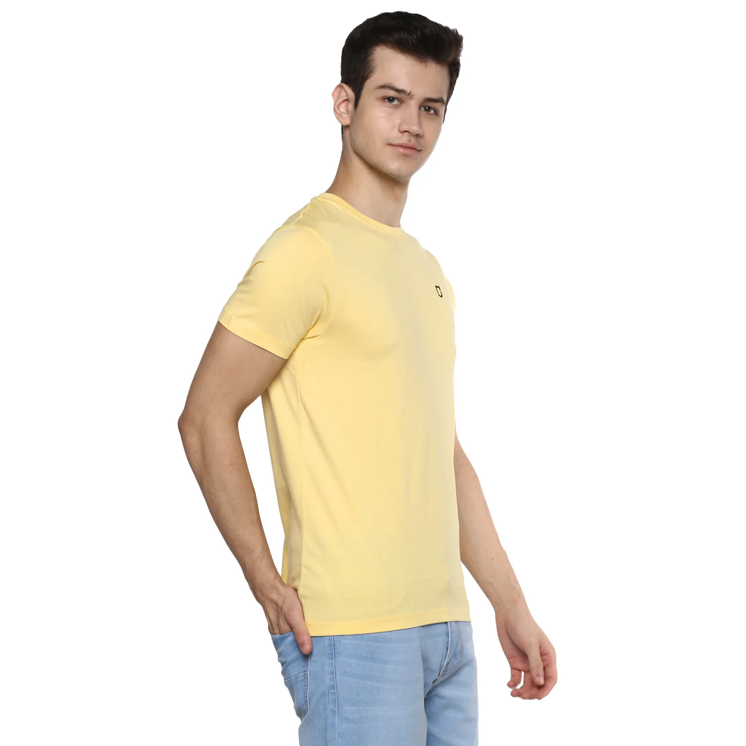 Men's Lemon Yellow Solid Slim Fit Round Neck Cotton T-Shirt - Image 2