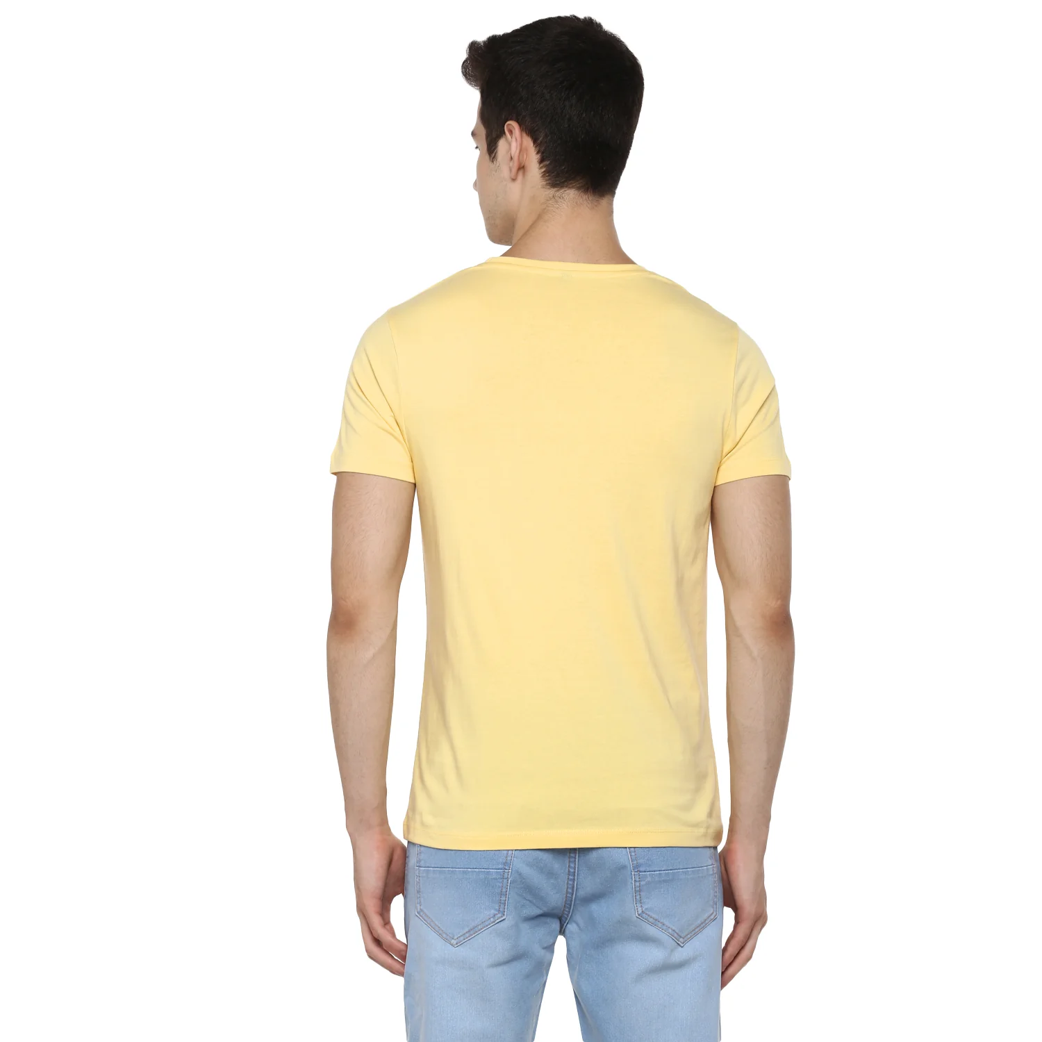 Men's Lemon Yellow Solid Slim Fit Round Neck Cotton T-Shirt - Image 3