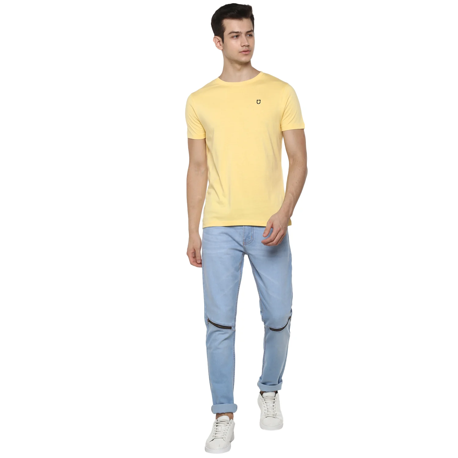 Men's Lemon Yellow Solid Slim Fit Round Neck Cotton T-Shirt - Image 4