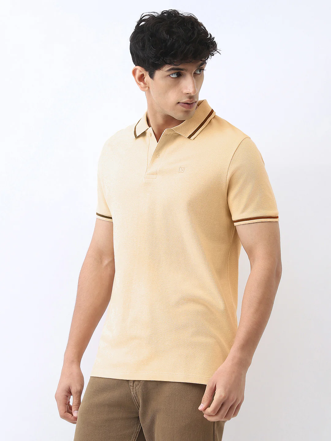 Men's Light Beige Solid Regular Fit Half Sleeve Cotton Polo T-Shirt - Image 2