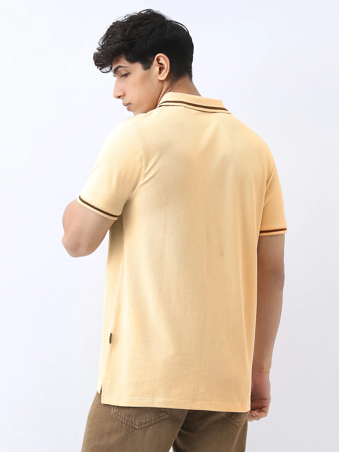 Men's Light Beige Solid Regular Fit Half Sleeve Cotton Polo T-Shirt - Image 3