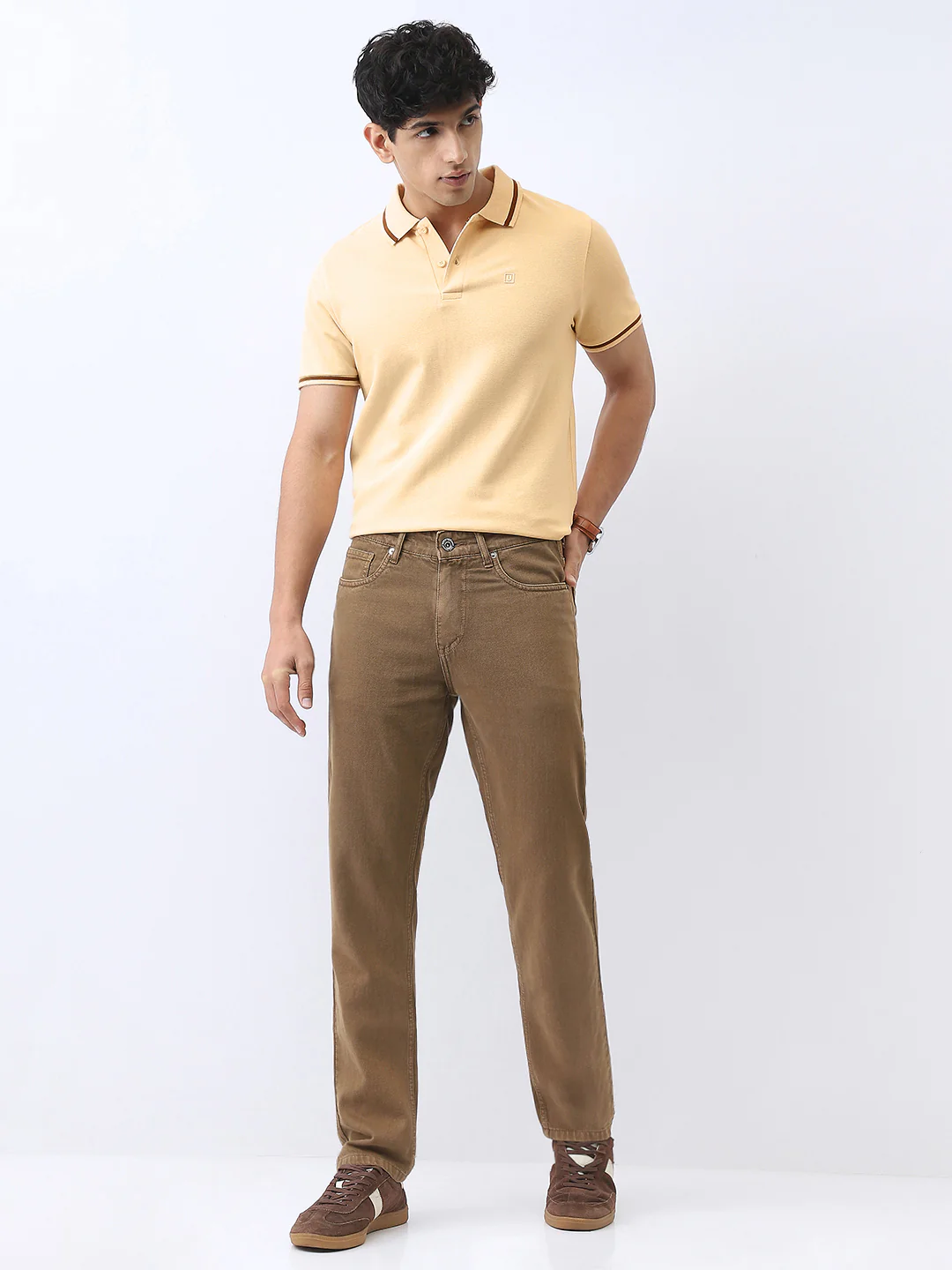 Men's Light Beige Solid Regular Fit Half Sleeve Cotton Polo T-Shirt - Image 4
