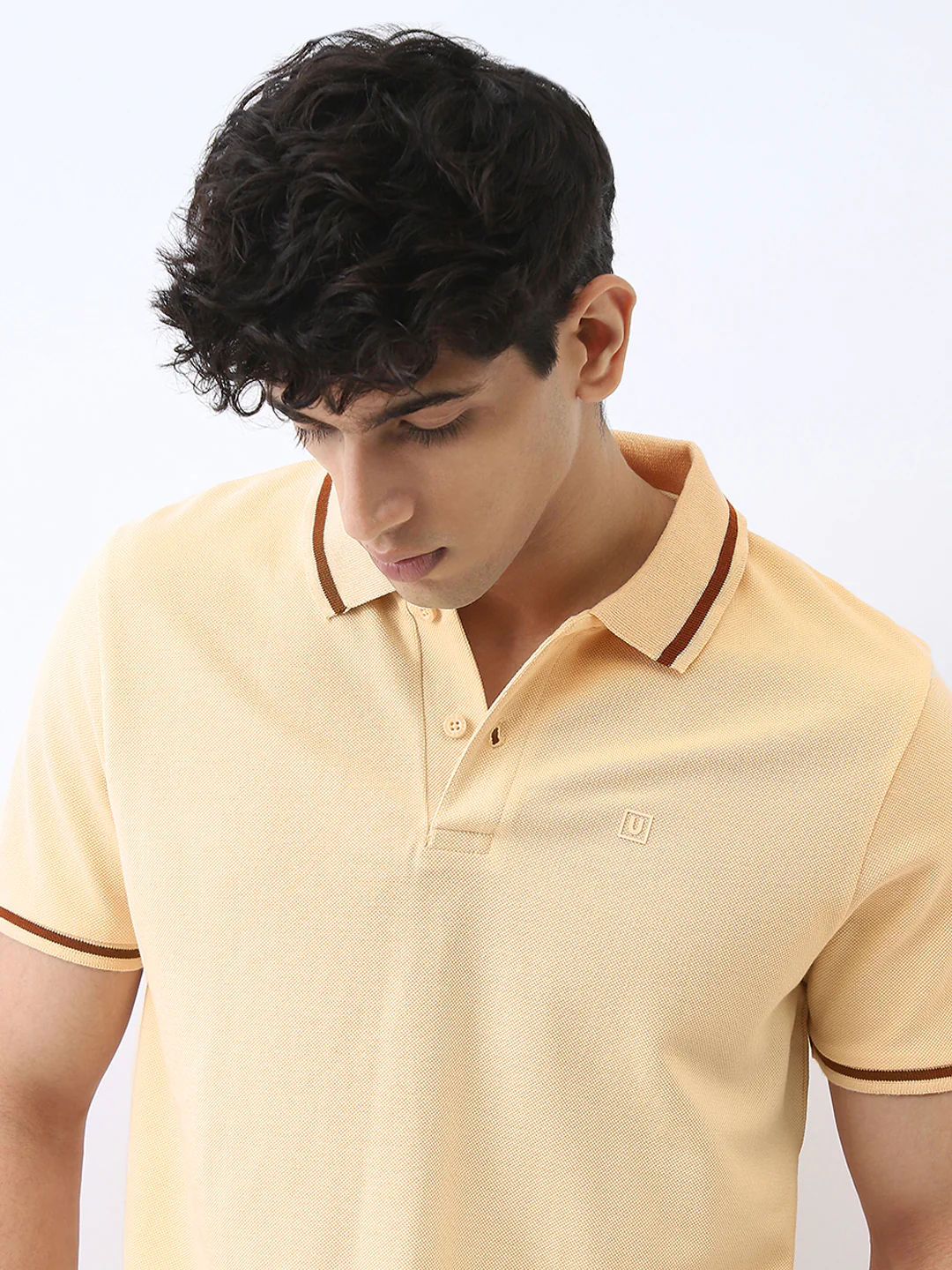 Men's Light Beige Solid Regular Fit Half Sleeve Cotton Polo T-Shirt - Image 5