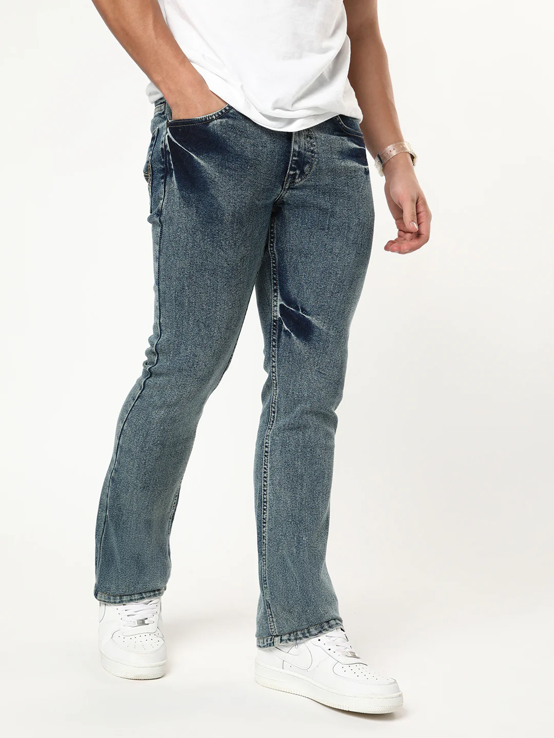 Men's Light Blue Bootcut Fit Mid Rise Acid Wash Jeans Stretchable - Image 2