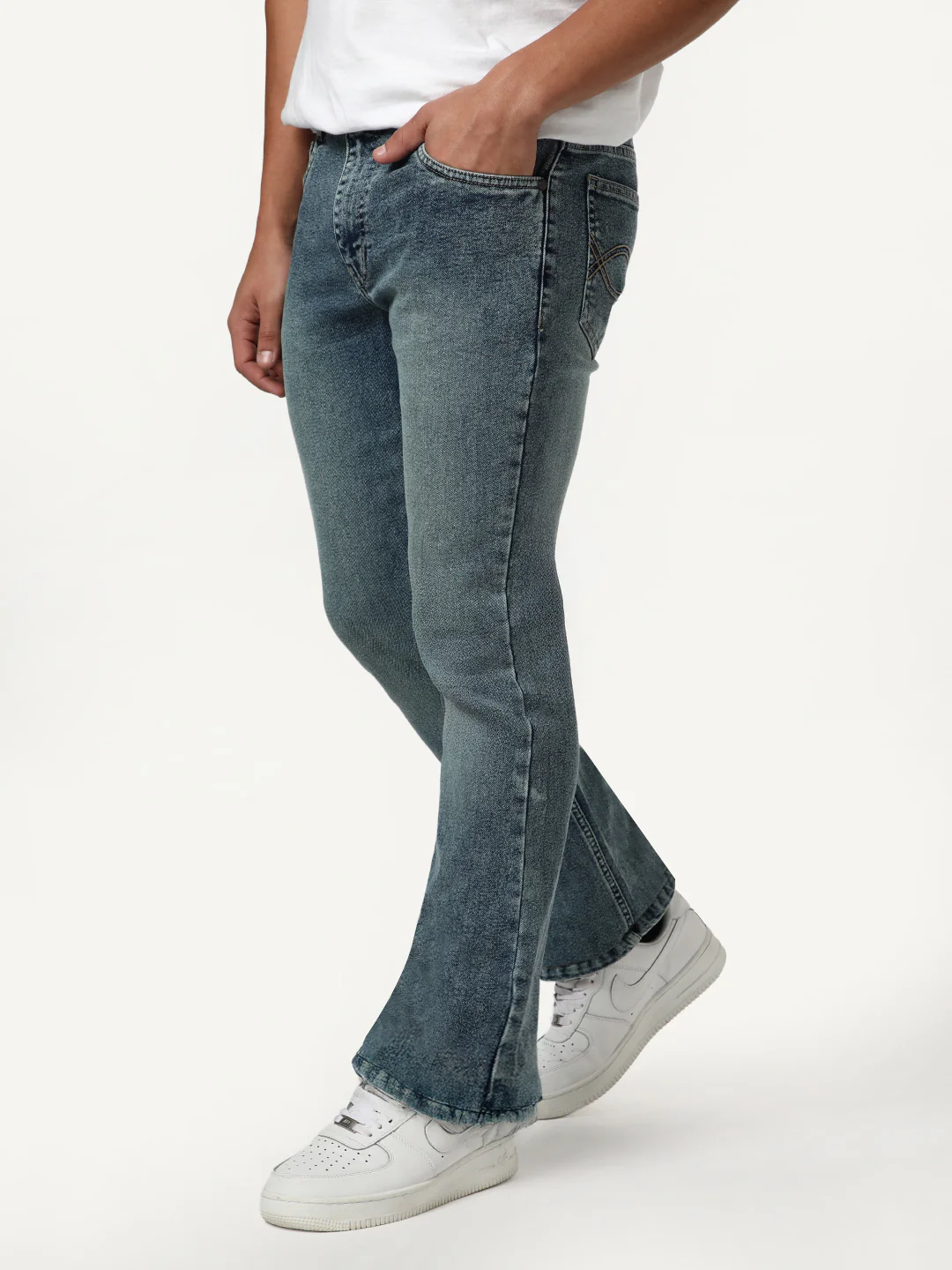 Men's Light Blue Bootcut Fit Mid Rise Tinted Heavy Washed Jeans Stretchable - Image 2
