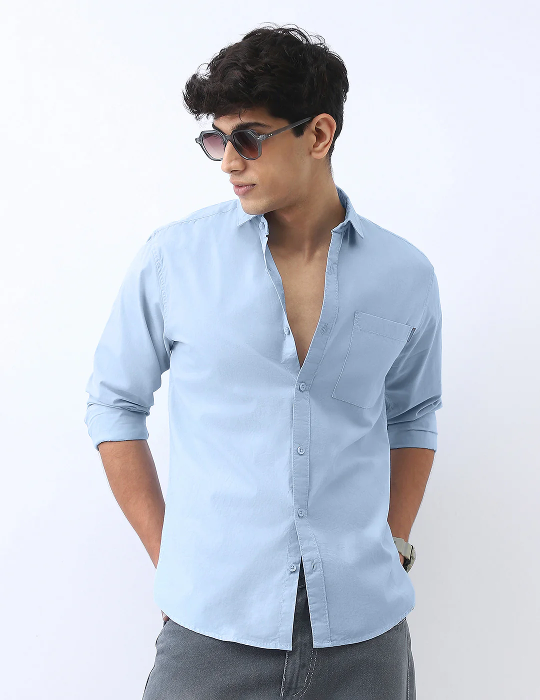 Men's Light Blue Cotton Full Sleeve Regular Fit Casual Solid Shirt