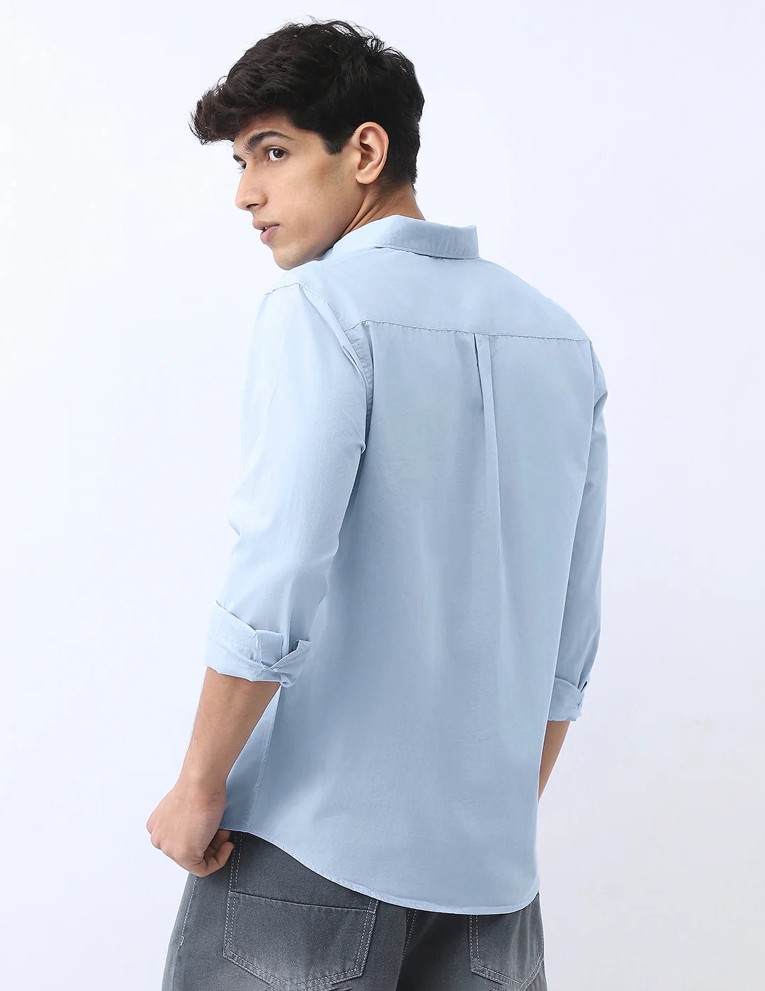 Men's Light Blue Cotton Full Sleeve Regular Fit Casual Solid Shirt - Image 3