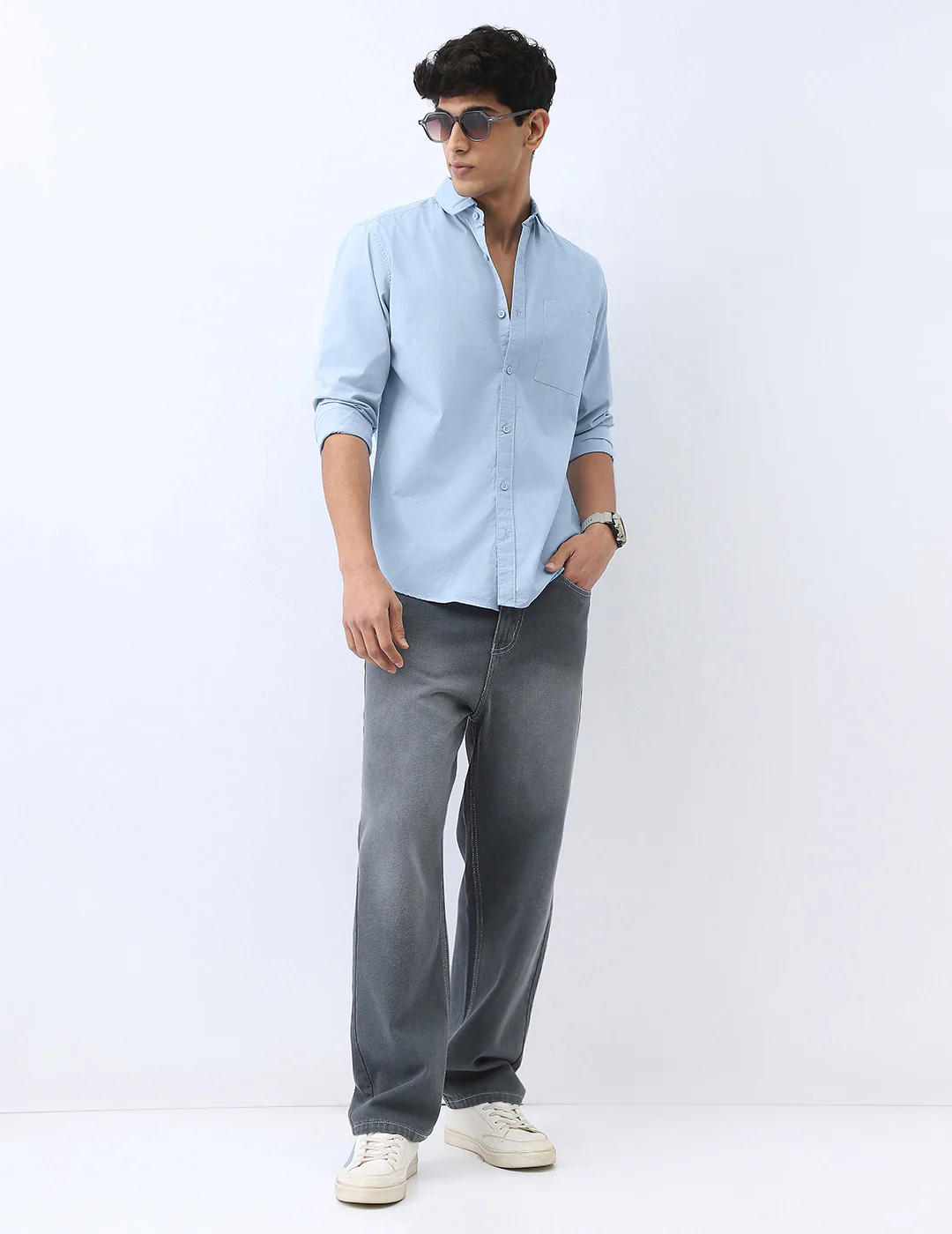 Men's Light Blue Cotton Full Sleeve Regular Fit Casual Solid Shirt - Image 4