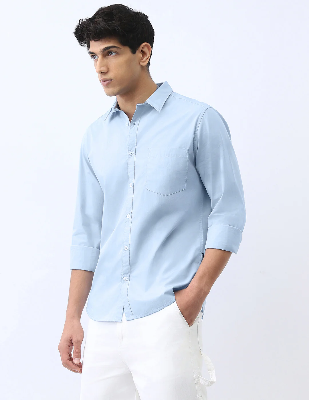 Men's Light Blue Cotton Full Sleeve Regular Fit Casual Solid Shirt - Image 2