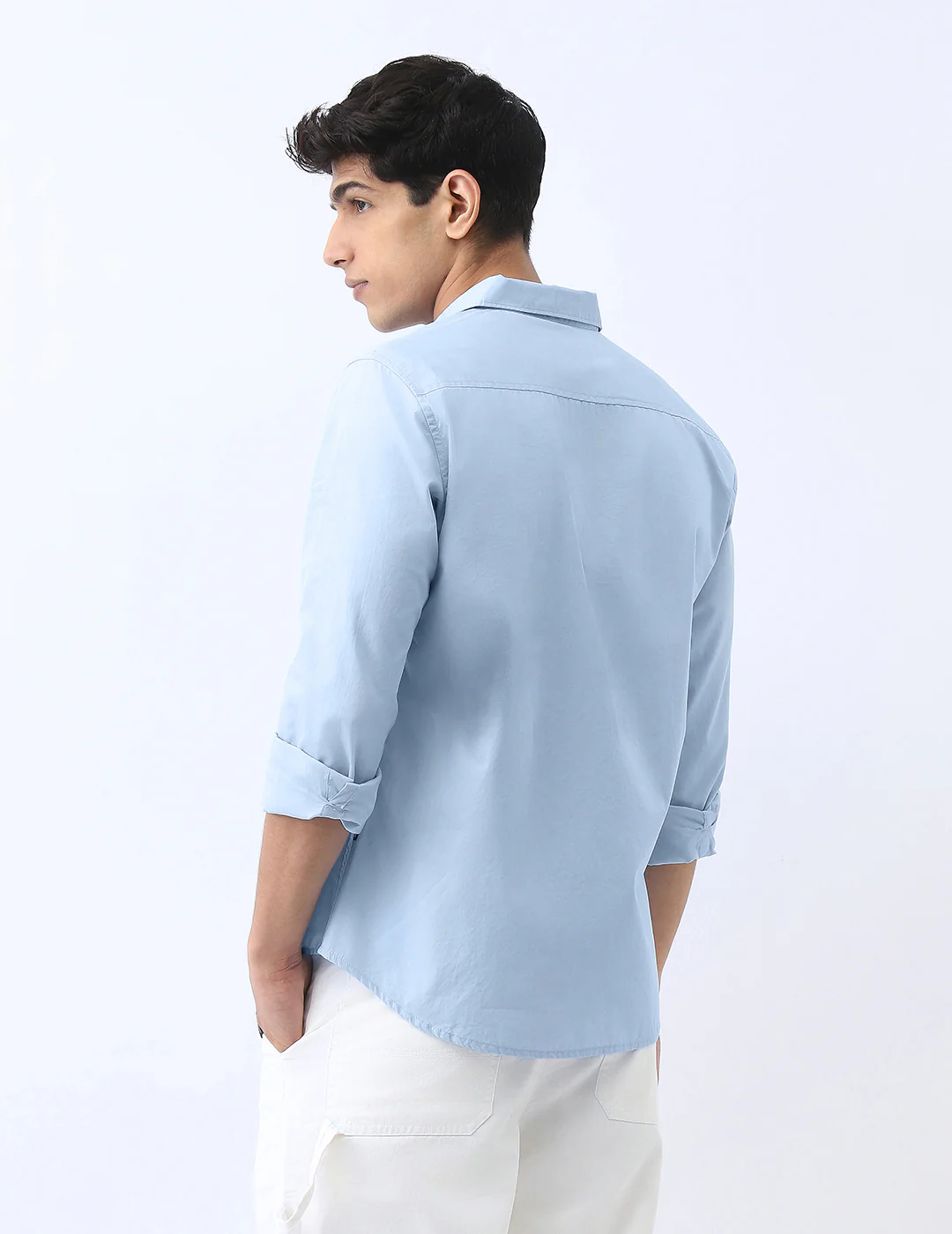 Men's Light Blue Cotton Full Sleeve Regular Fit Casual Solid Shirt - Image 3
