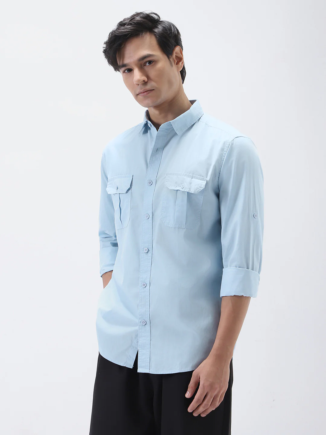 Men's Light Blue Cotton Full Sleeve Regular Fit Casual Solid Shirt - Image 2