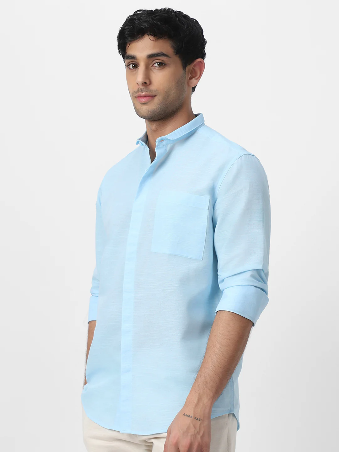 Men's Light Blue Cotton Full Sleeve Regular Fit Casual Solid Shirt with Band Collar - Image 3