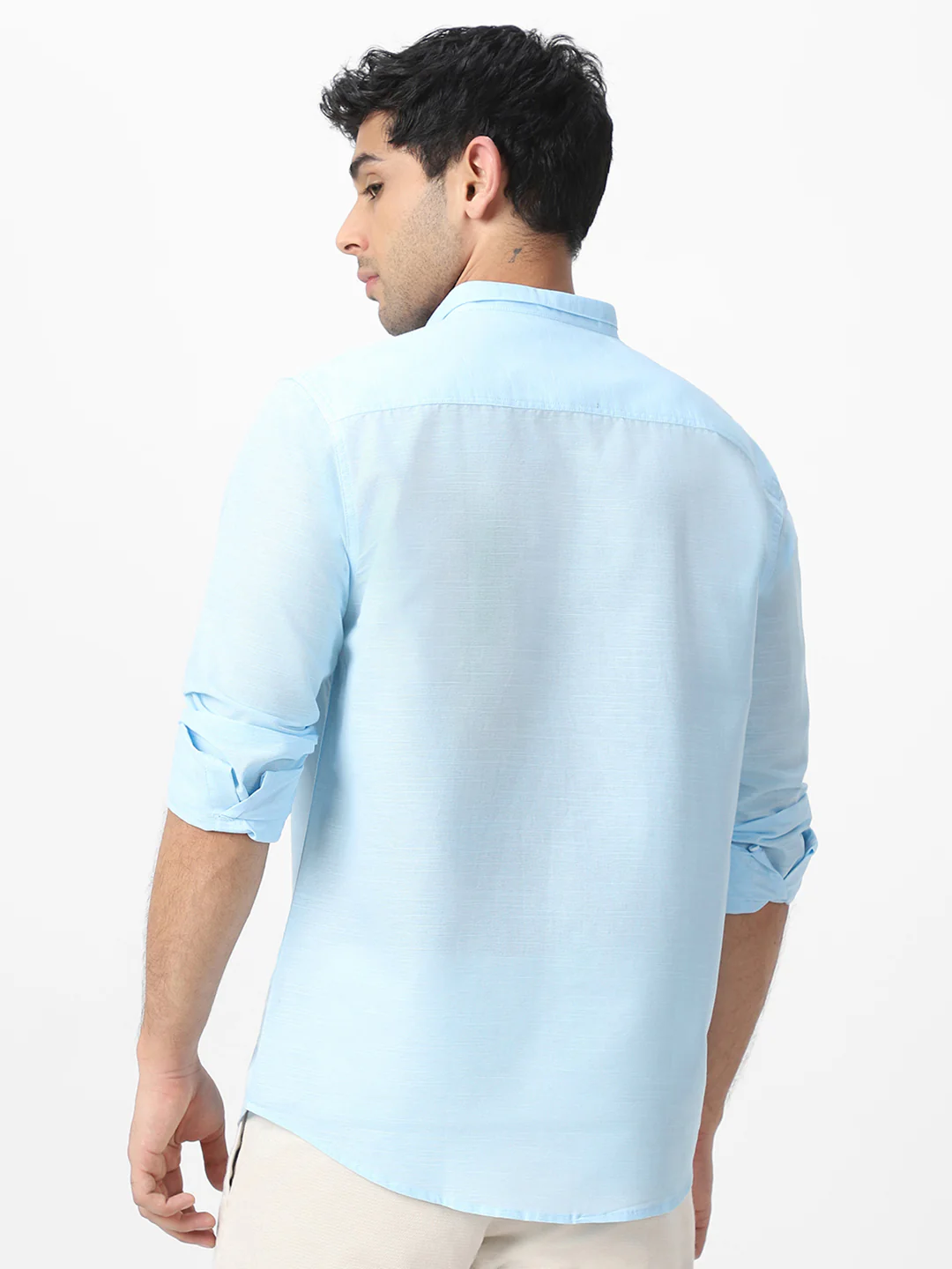Men's Light Blue Cotton Full Sleeve Regular Fit Casual Solid Shirt with Band Collar - Image 4