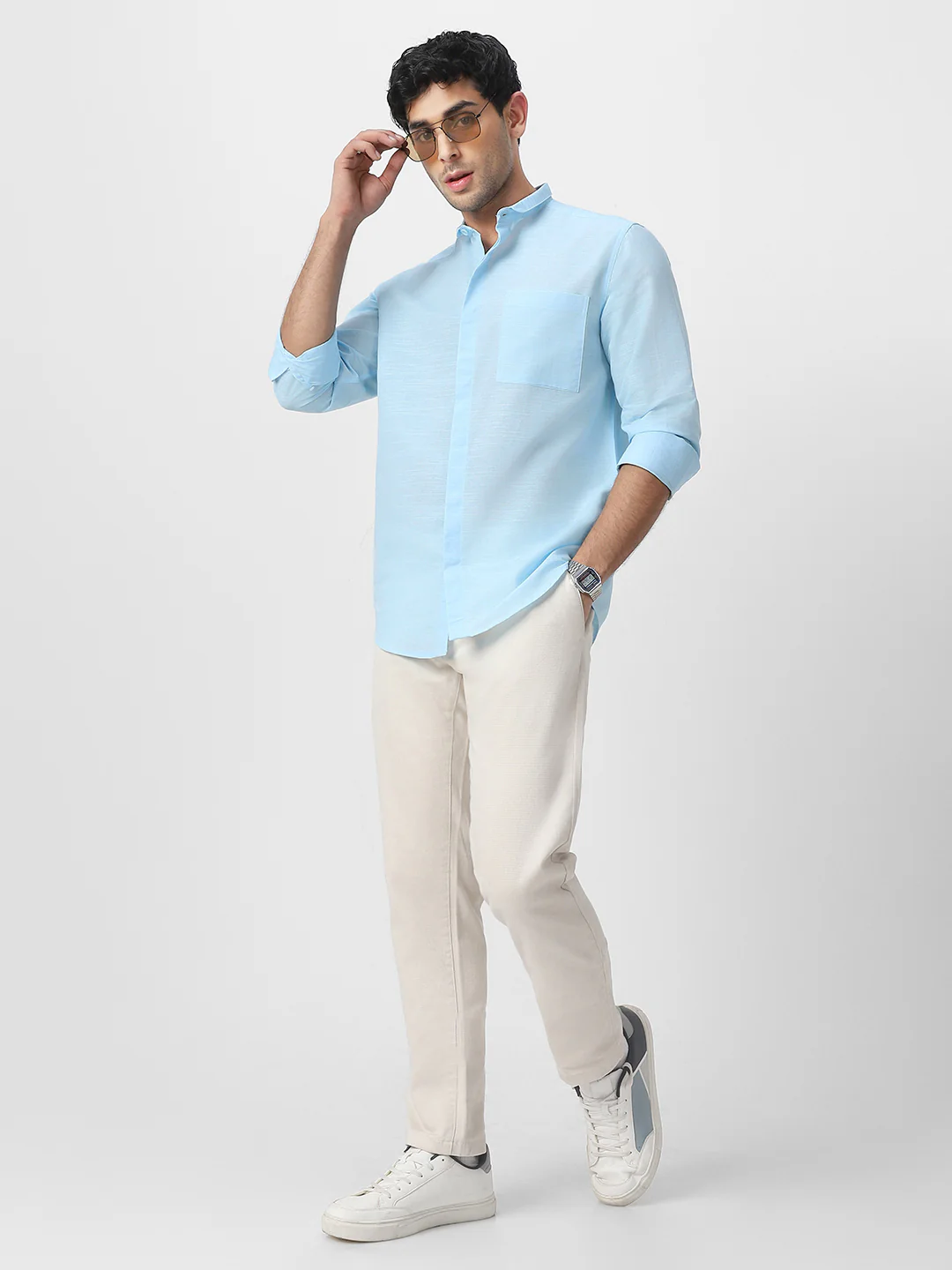 Men's Light Blue Cotton Full Sleeve Regular Fit Casual Solid Shirt with Band Collar - Image 5