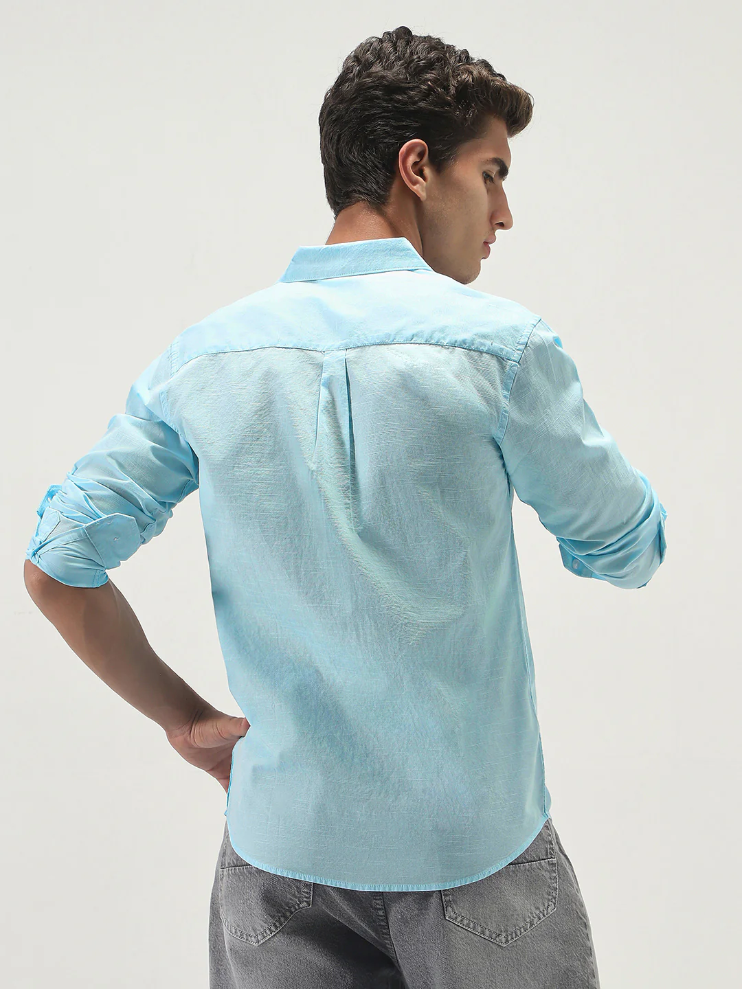 Men's Light Blue Cotton Full Sleeve Regular Fit Casual Solid Slub Shirt with Spread Collar - Image 3