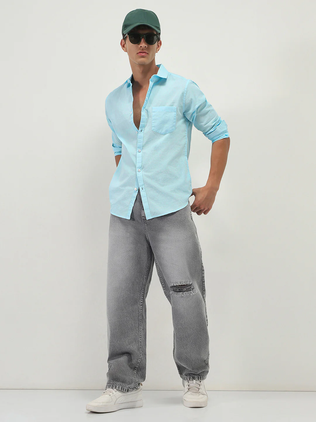 Men's Light Blue Cotton Full Sleeve Regular Fit Casual Solid Slub Shirt with Spread Collar - Image 4