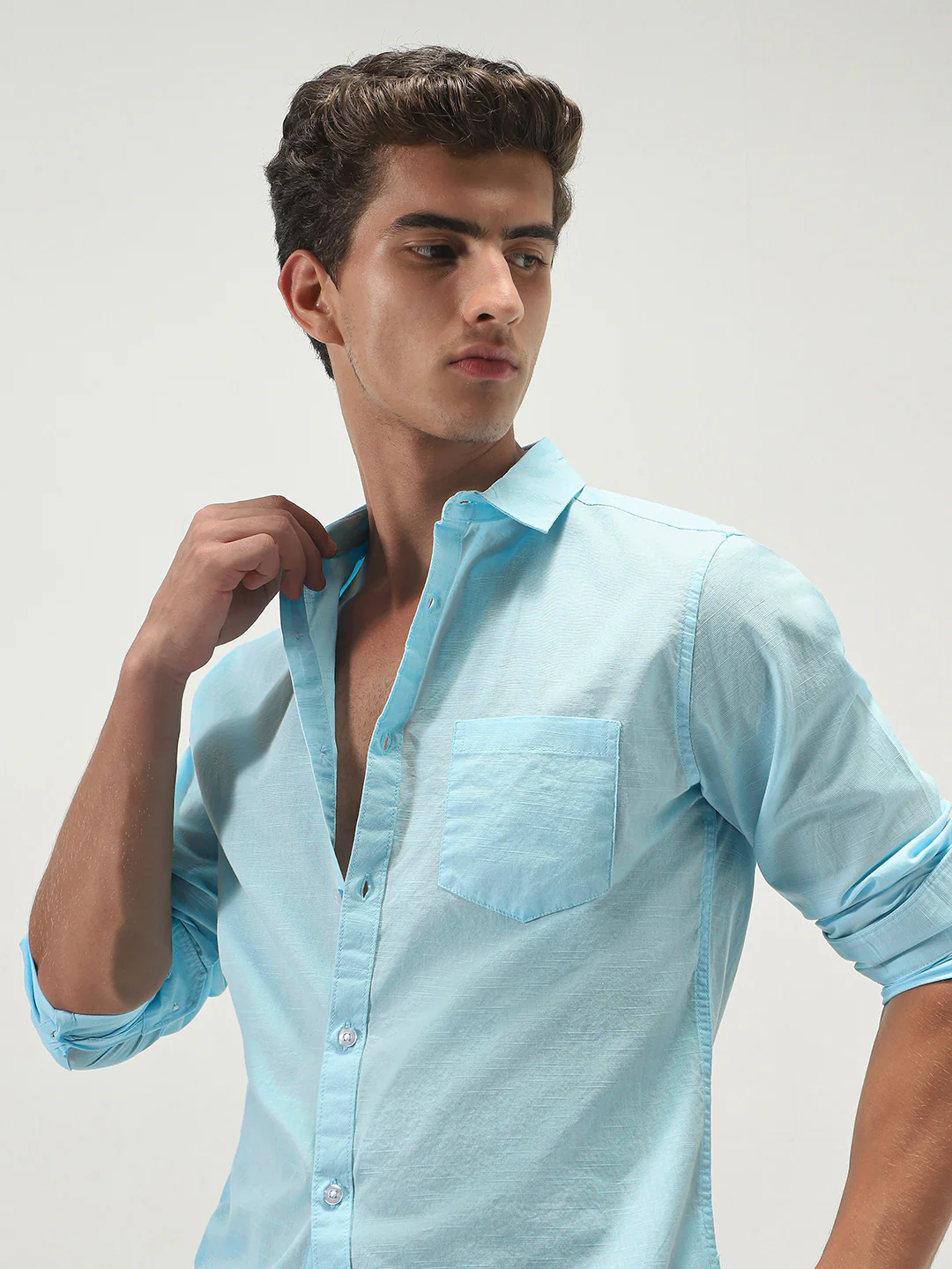 Men's Light Blue Cotton Full Sleeve Regular Fit Casual Solid Slub Shirt with Spread Collar - Image 5