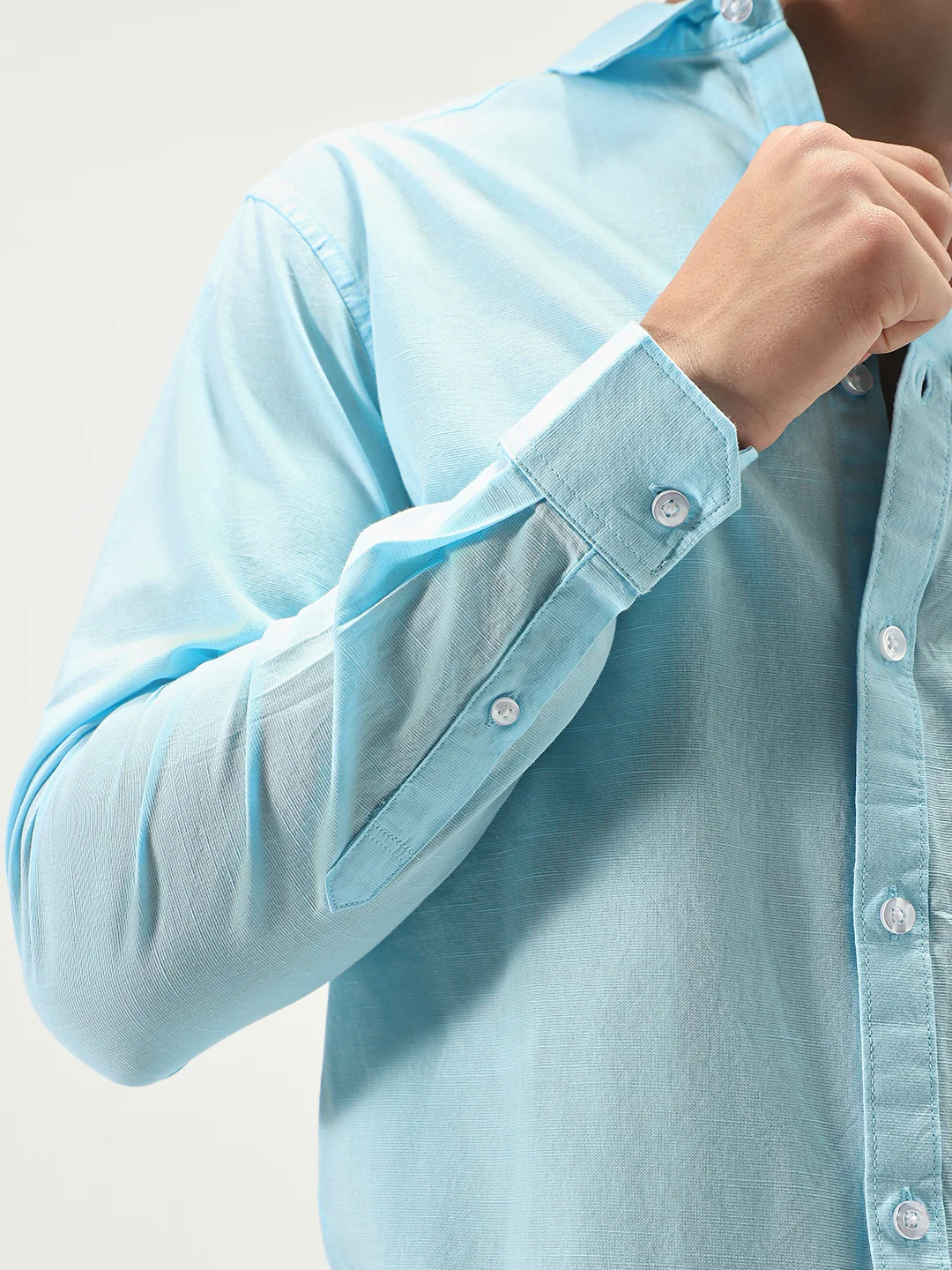 Men's Light Blue Cotton Full Sleeve Regular Fit Casual Solid Slub Shirt with Spread Collar - Image 6