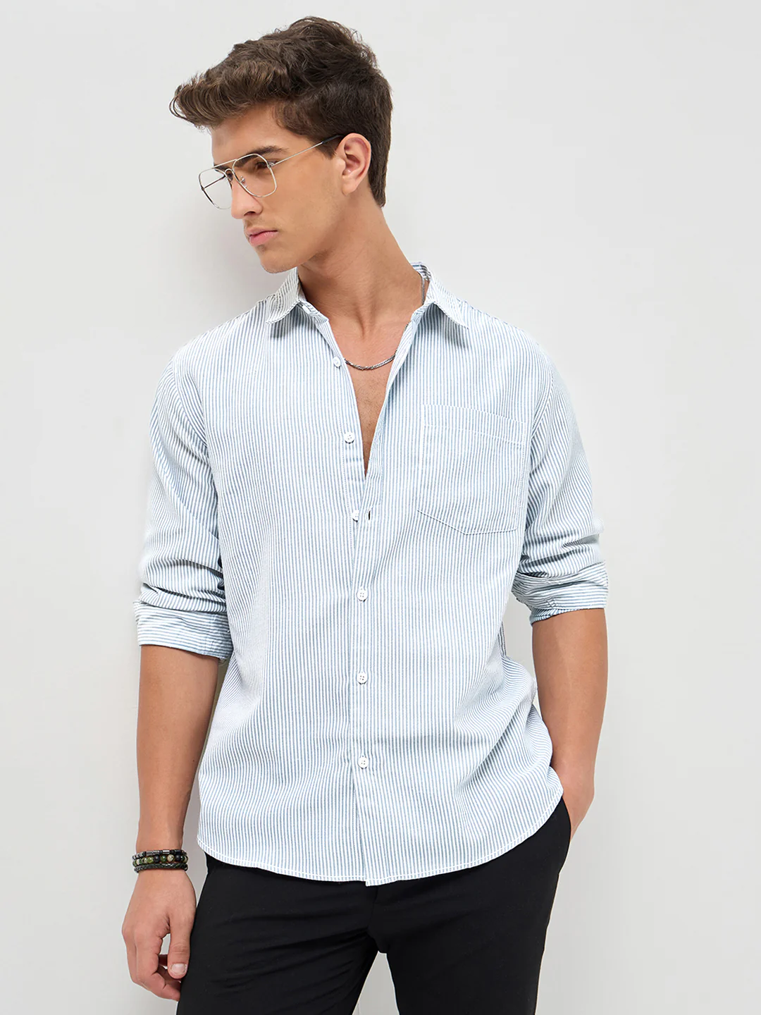Men's Light Blue Cotton Full Sleeve Regular Fit Casual Striped Shirt - Image 2