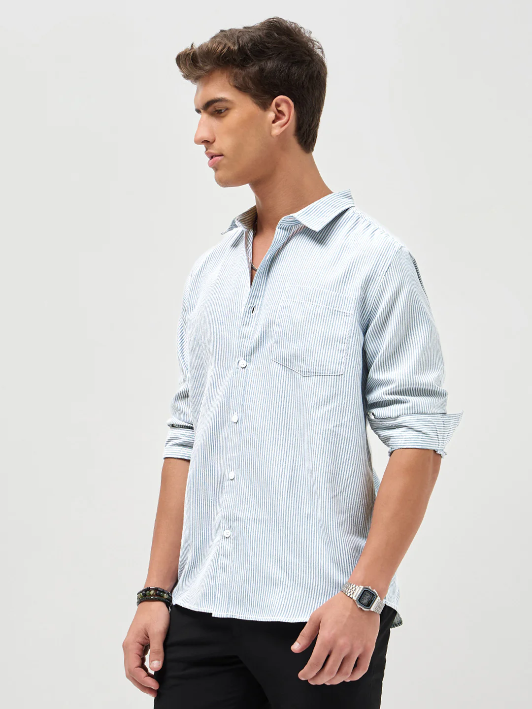 Men's Light Blue Cotton Full Sleeve Regular Fit Casual Striped Shirt - Image 3