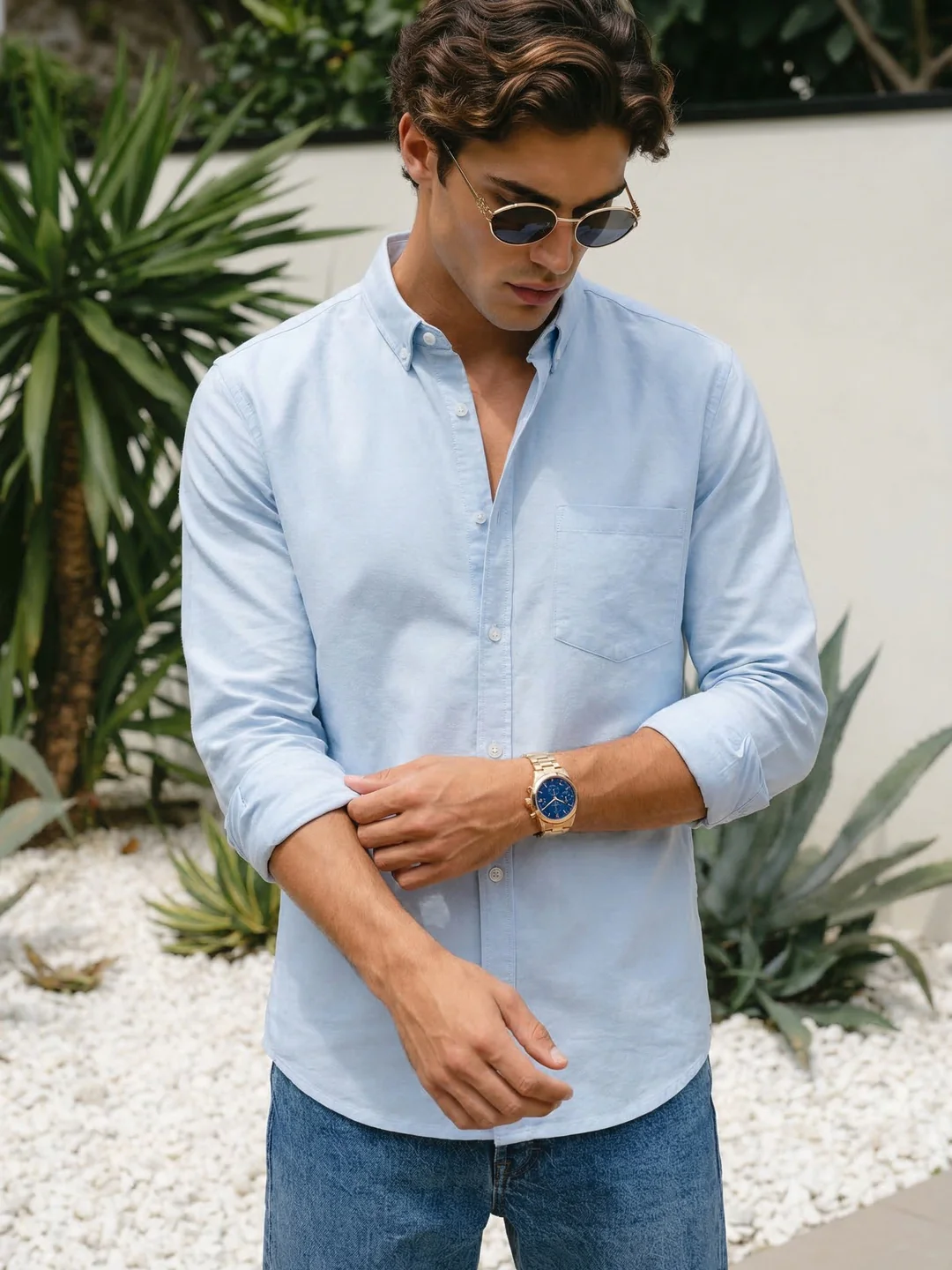 Men's Light Blue Cotton Full Sleeve Regular Fit Solid Oxford Shirt With Button-Down Collar