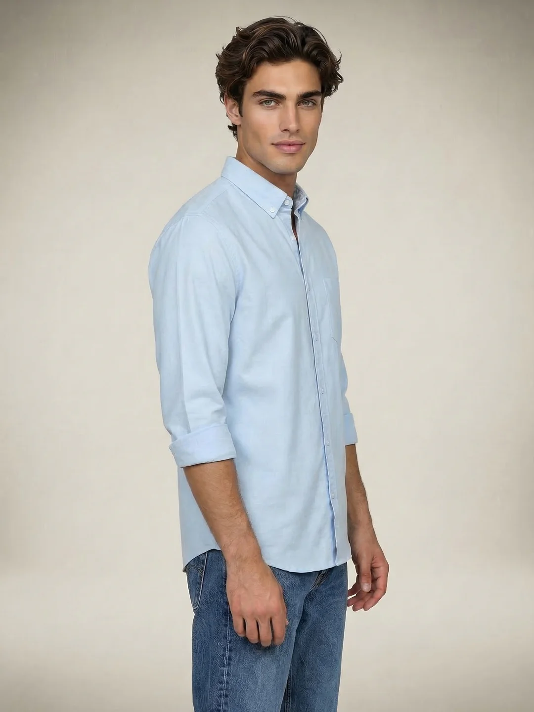 Men's Light Blue Cotton Full Sleeve Regular Fit Solid Oxford Shirt With Button-Down Collar - Image 2