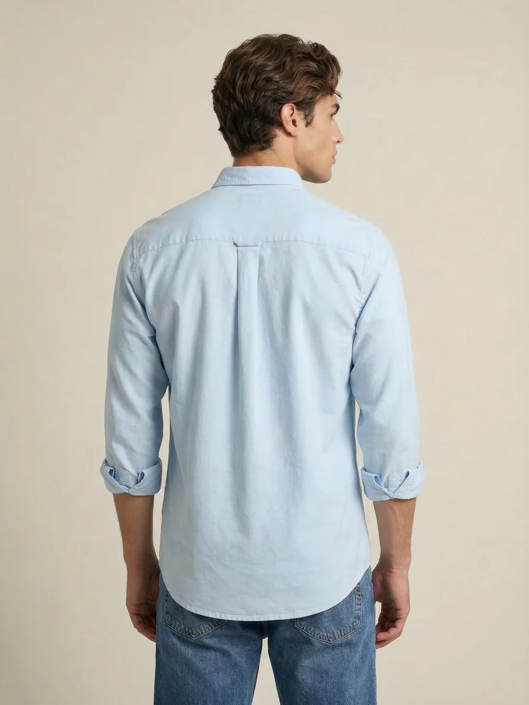 Men's Light Blue Cotton Full Sleeve Regular Fit Solid Oxford Shirt With Button-Down Collar - Image 3