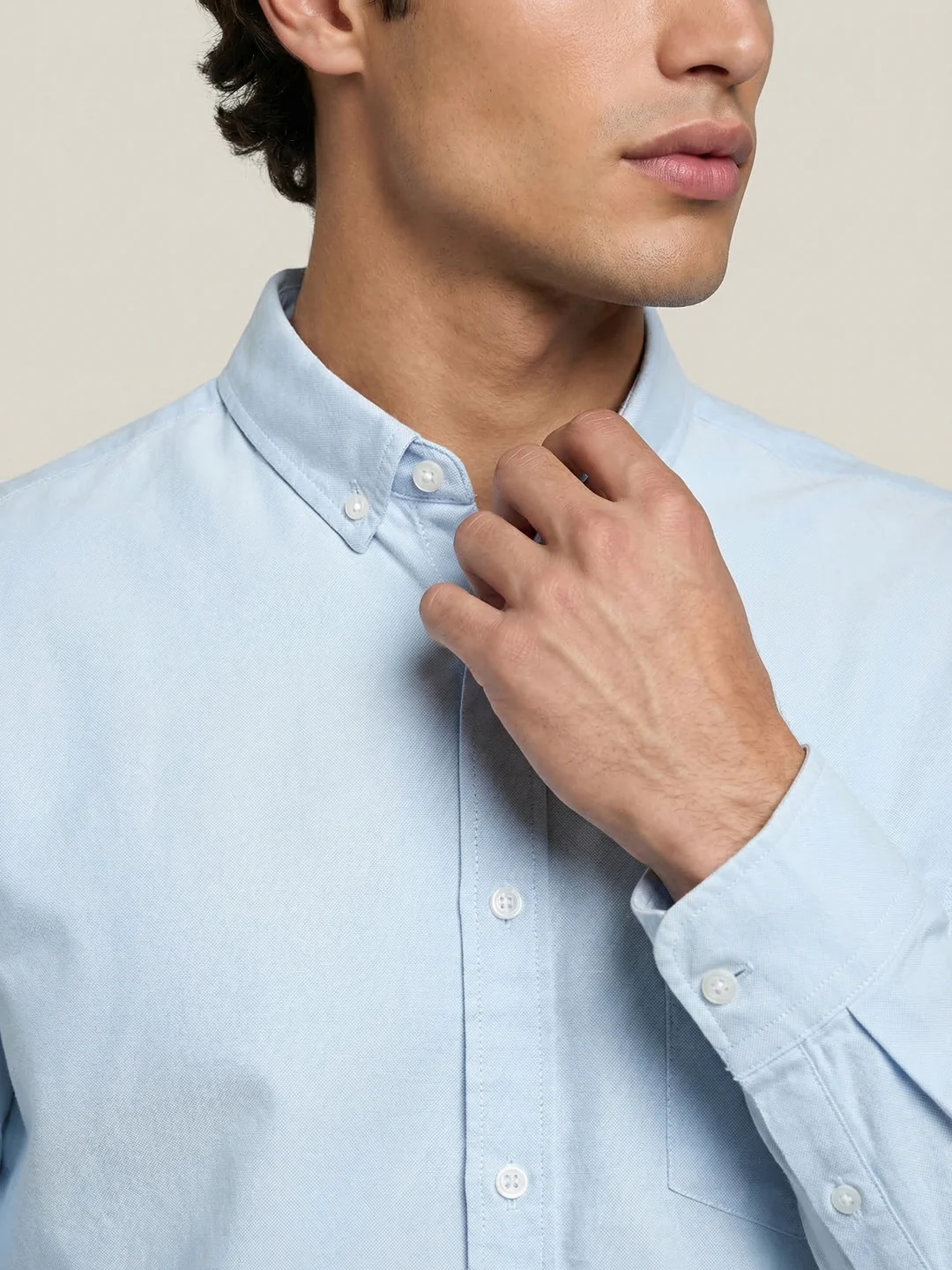 Men's Light Blue Cotton Full Sleeve Regular Fit Solid Oxford Shirt With Button-Down Collar - Image 5