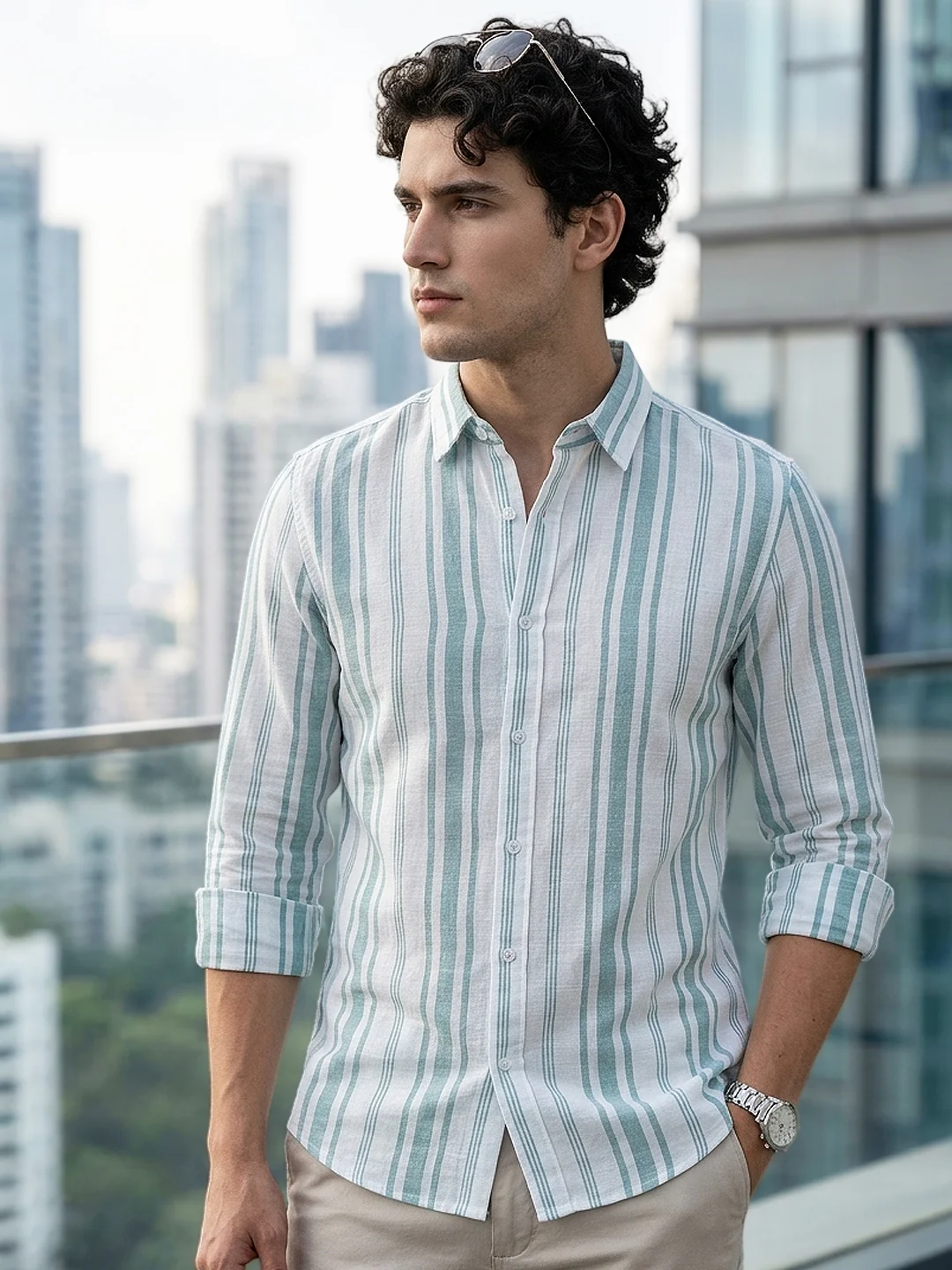 Men's Light Blue Cotton Full Sleeve Relaxed Fit Linen Striped Shirt with Spread Collar