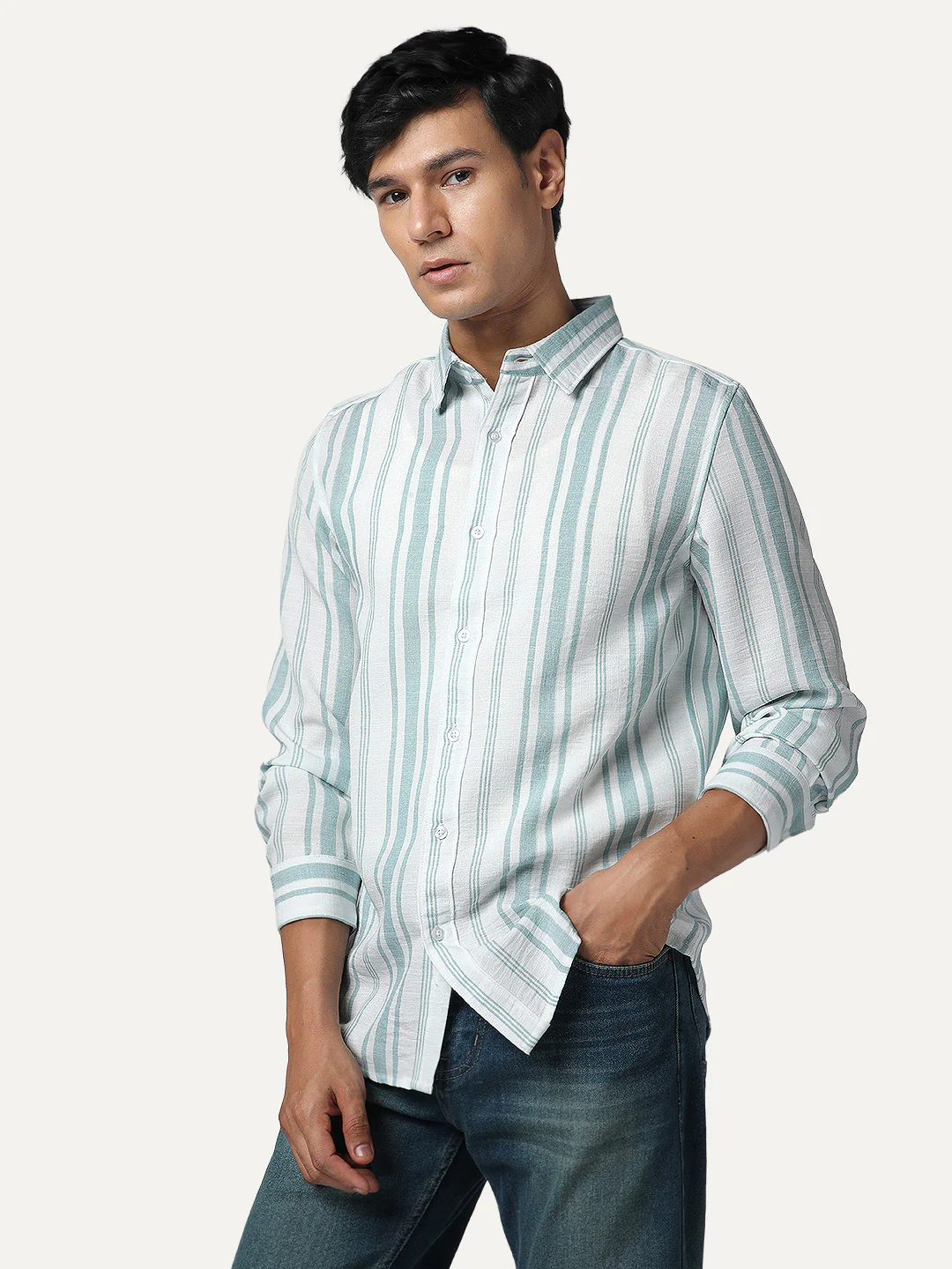 Men's Light Blue Cotton Full Sleeve Relaxed Fit Linen Striped Shirt with Spread Collar - Image 3
