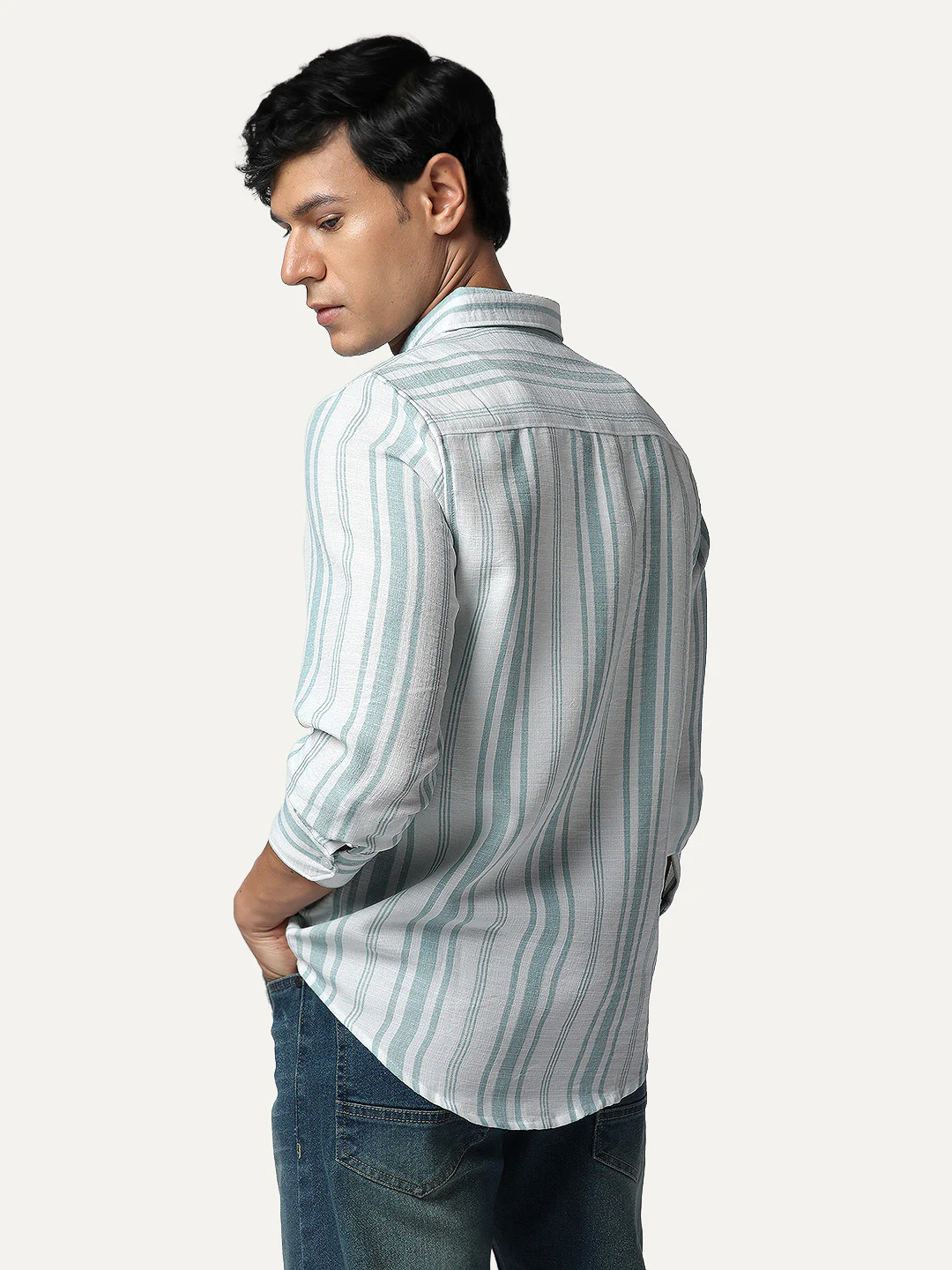 Men's Light Blue Cotton Full Sleeve Relaxed Fit Linen Striped Shirt with Spread Collar - Image 4