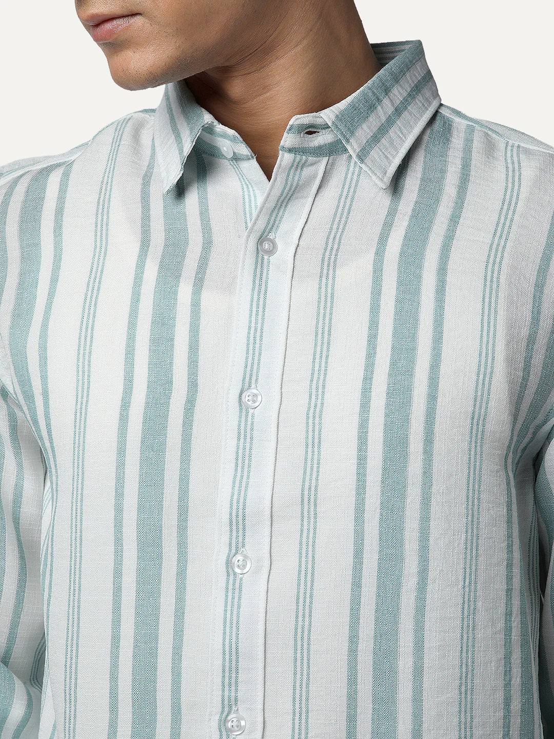 Men's Light Blue Cotton Full Sleeve Relaxed Fit Linen Striped Shirt with Spread Collar - Image 6