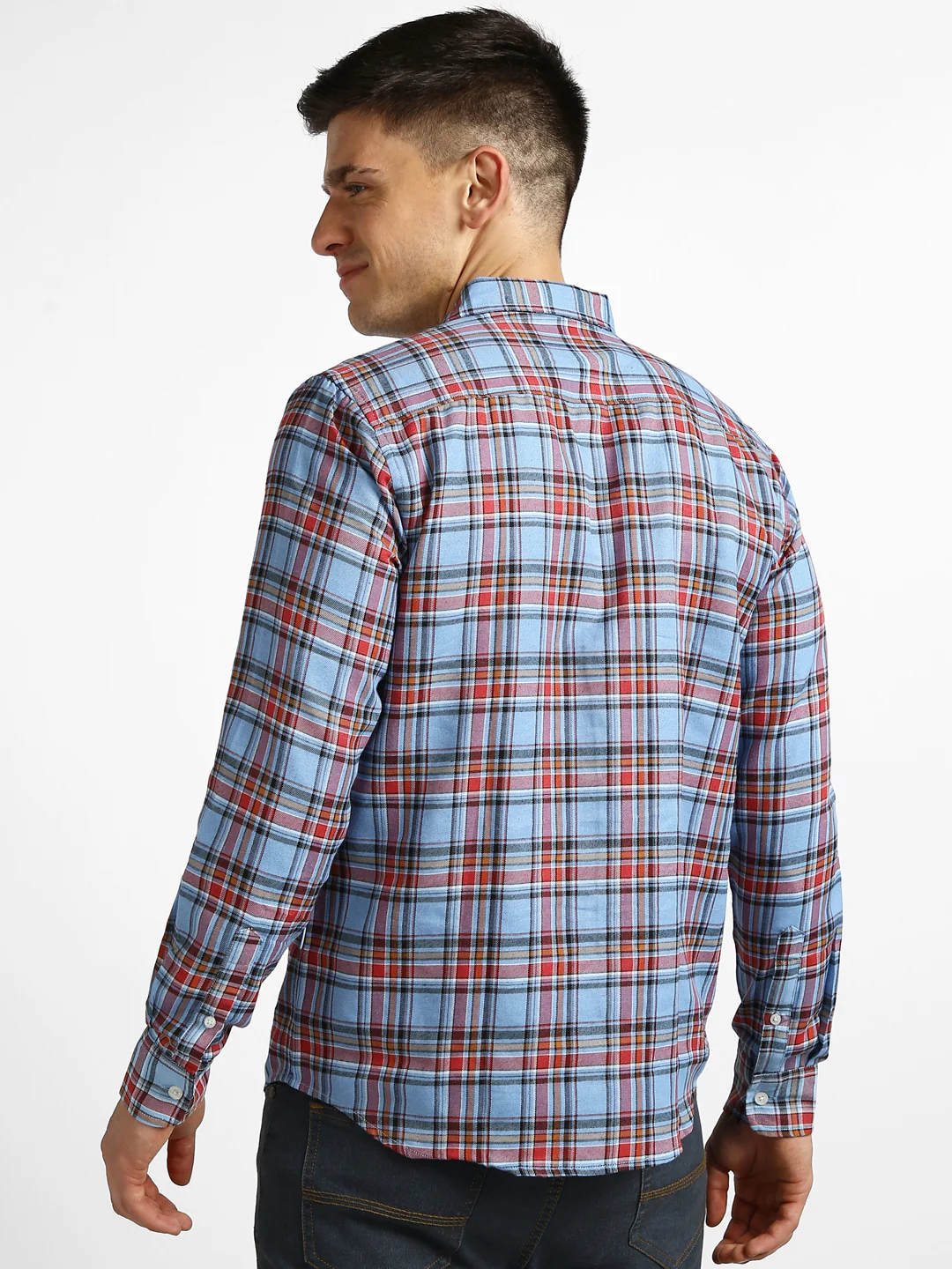 Men's Light Blue Cotton Full Sleeve Slim Fit Casual Checkered Shirt - Image 3