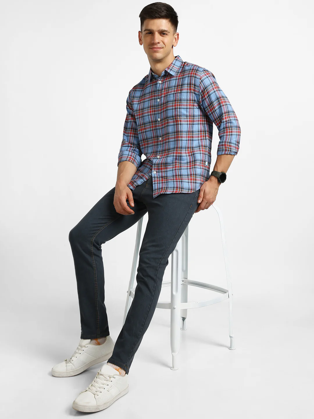 Men's Light Blue Cotton Full Sleeve Slim Fit Casual Checkered Shirt - Image 4