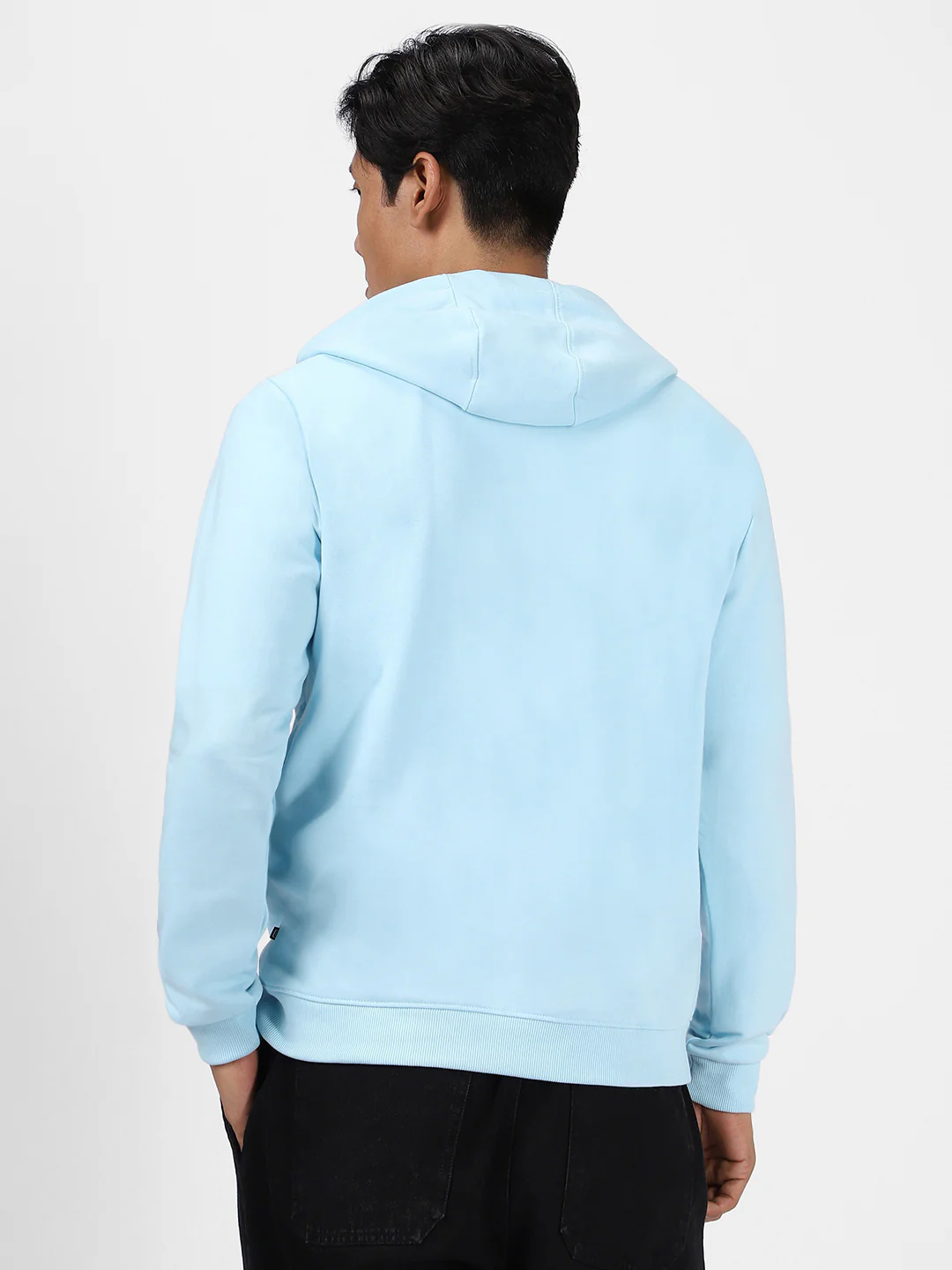 Men's Light Blue Cotton Solid Button Hooded Neck Sweatshirt - Image 3